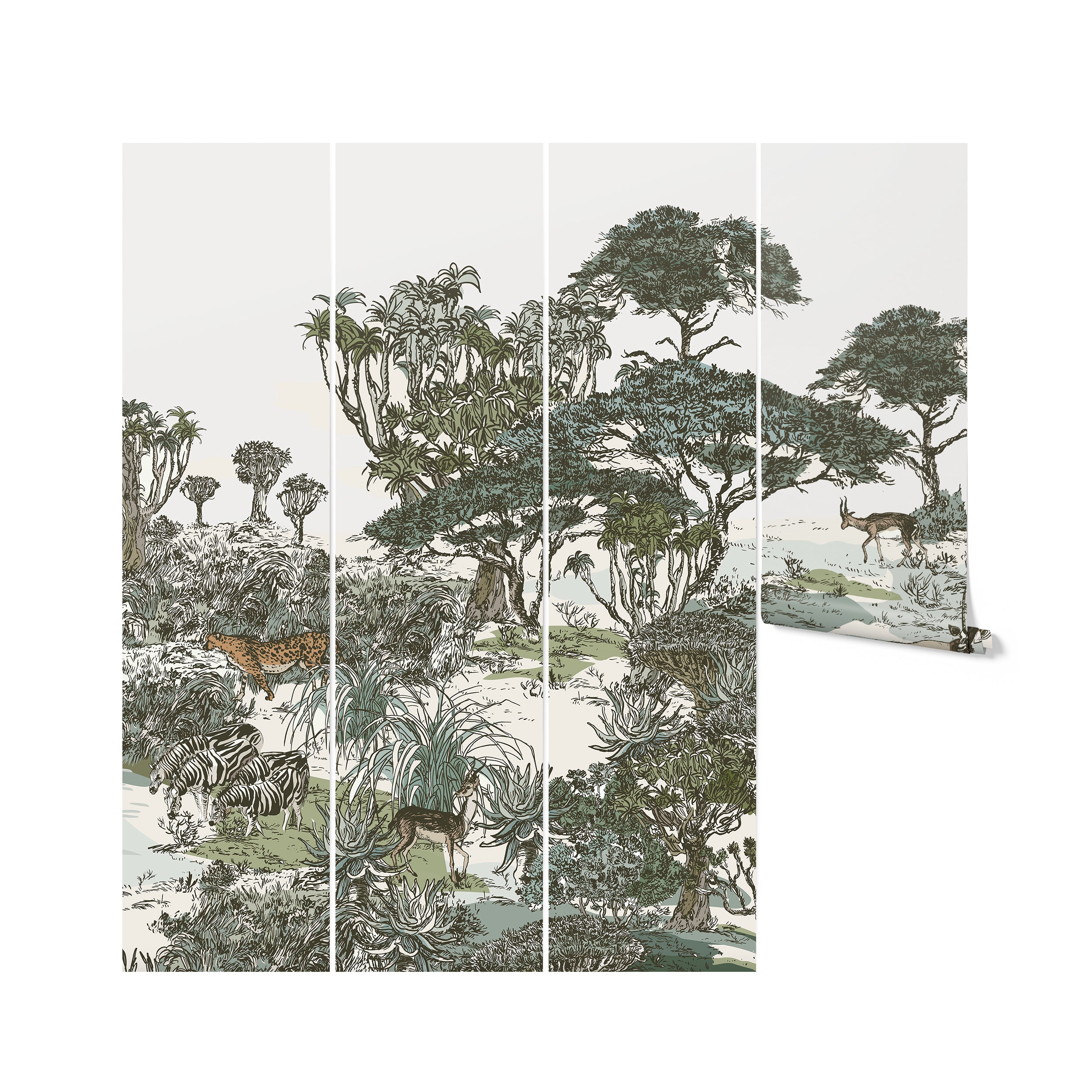 An up-close view of a safari wallpaper mural with a folded corner revealing the separate panels. The wallpaper depicts a detailed savanna landscape with various trees, a leopard, zebra, and impalas in a continuous pattern