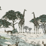 An up-close view of a safari wallpaper mural with a folded corner revealing the separate panels. The wallpaper depicts a detailed savanna landscape with various trees, a leopard, zebra, and impalas in a continuous pattern
