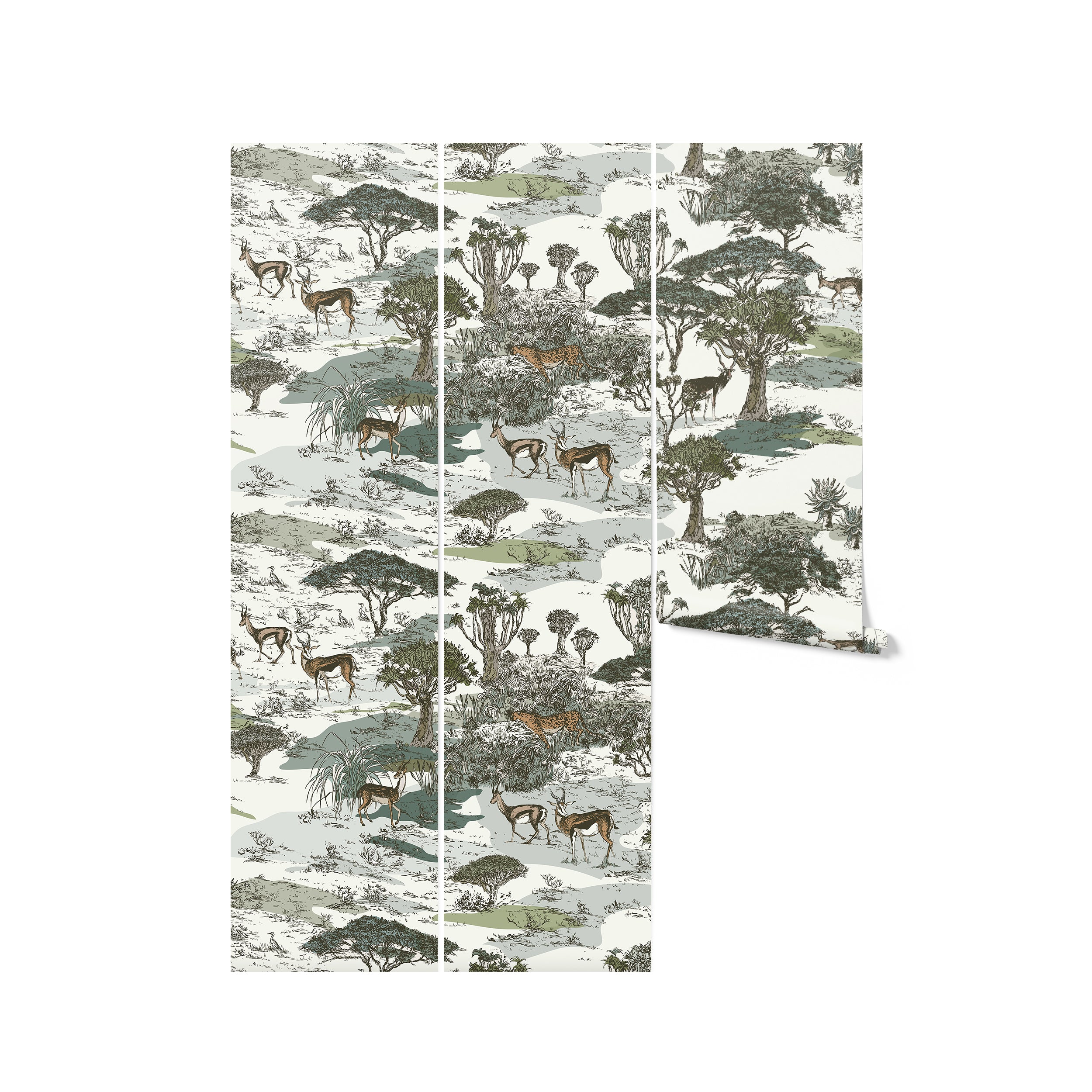 An elegant, detailed wallpaper mural showcasing a savanna scene with a leopard and impalas among various trees and shrubs. The colors are a blend of muted greens, browns, and greys, creating a peaceful natural ambiance.