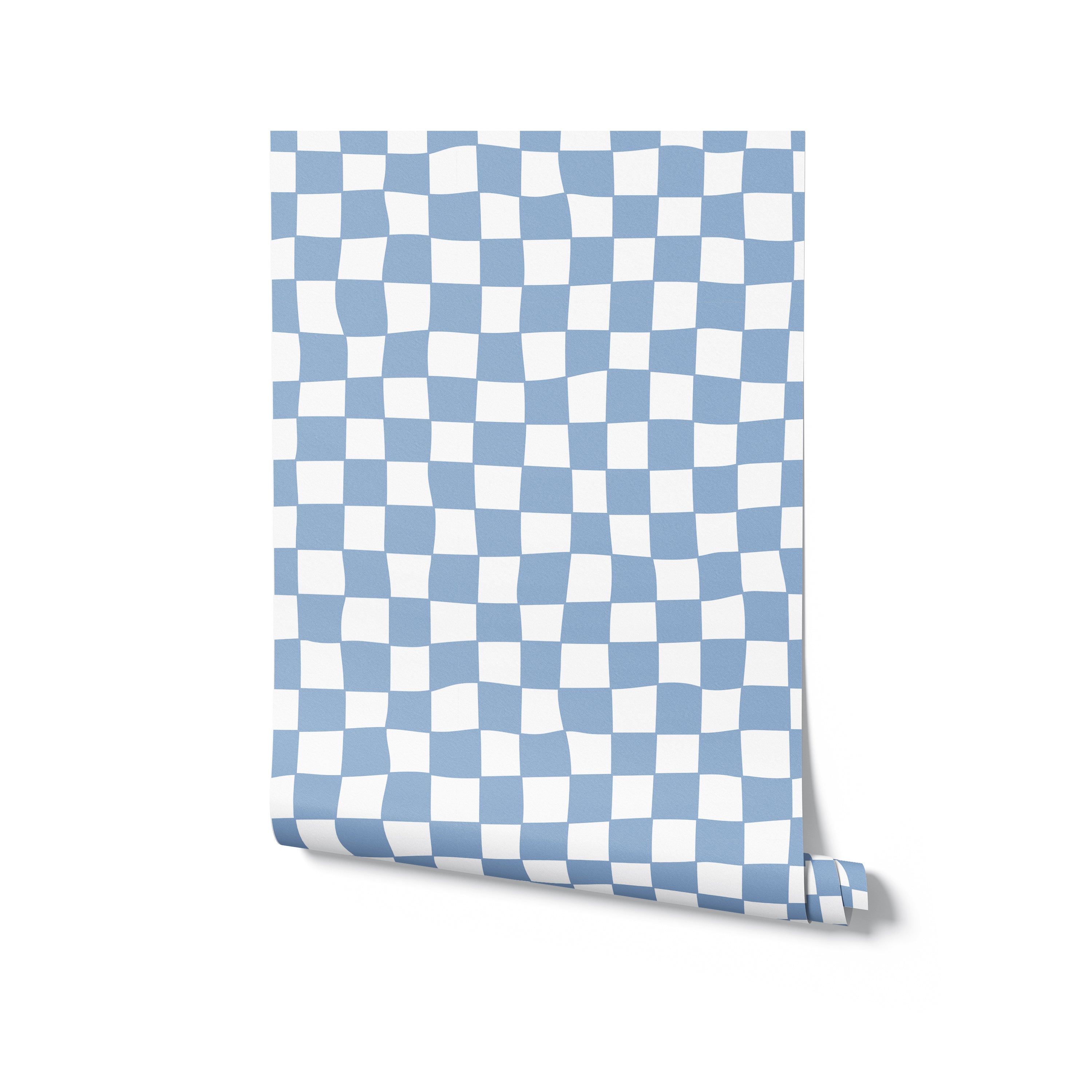 A roll of blue and white checkered wallpaper presented in a three-dimensional view. The wallpaper is rolled slightly at one corner, emphasizing its pattern and texture.