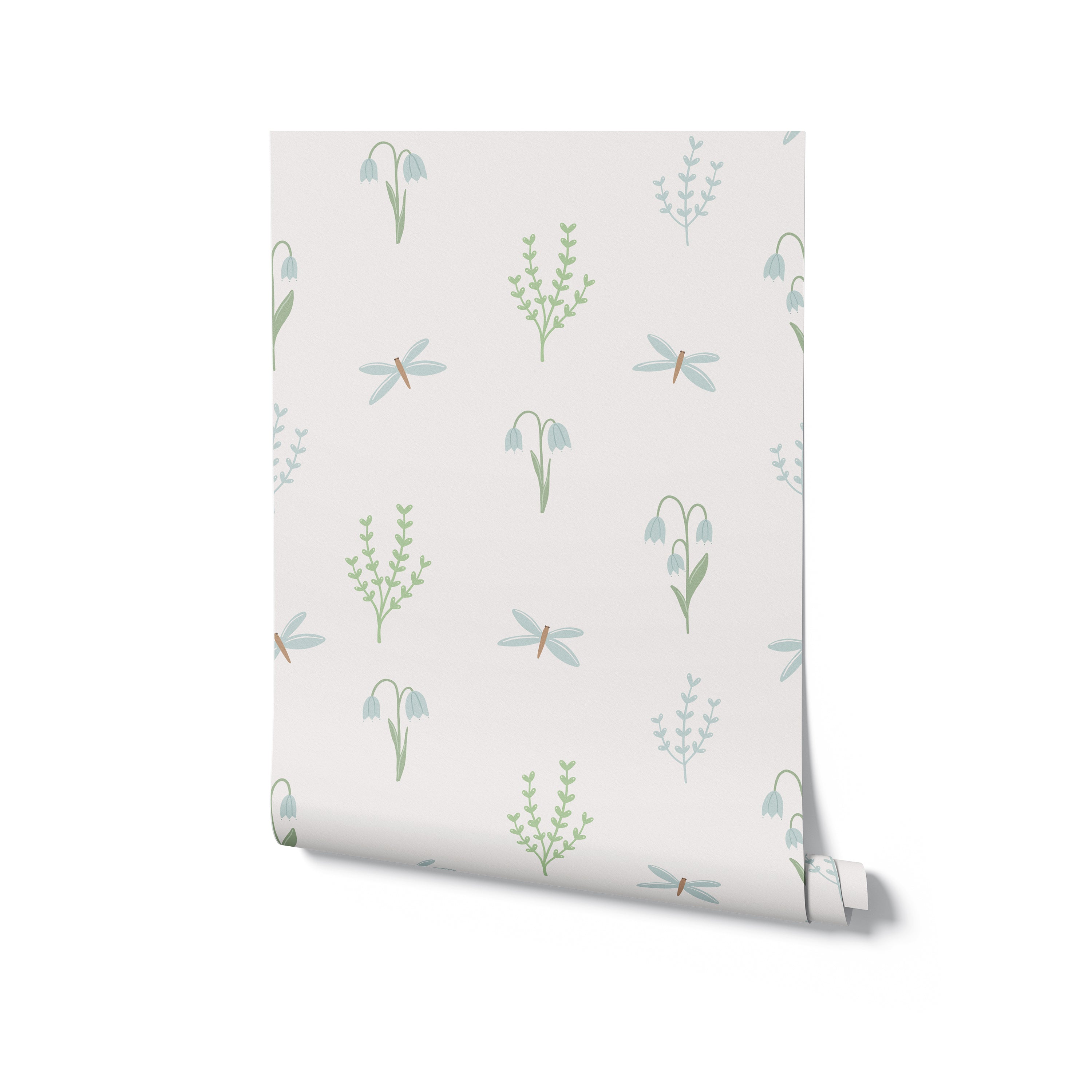 A roll of the Garden Clipart Pattern Wallpaper, slightly unrolled to show the cute and simple design of dragonflies, bell flowers, and greenery, perfect for adding a whimsical touch to a nursery or playroom.