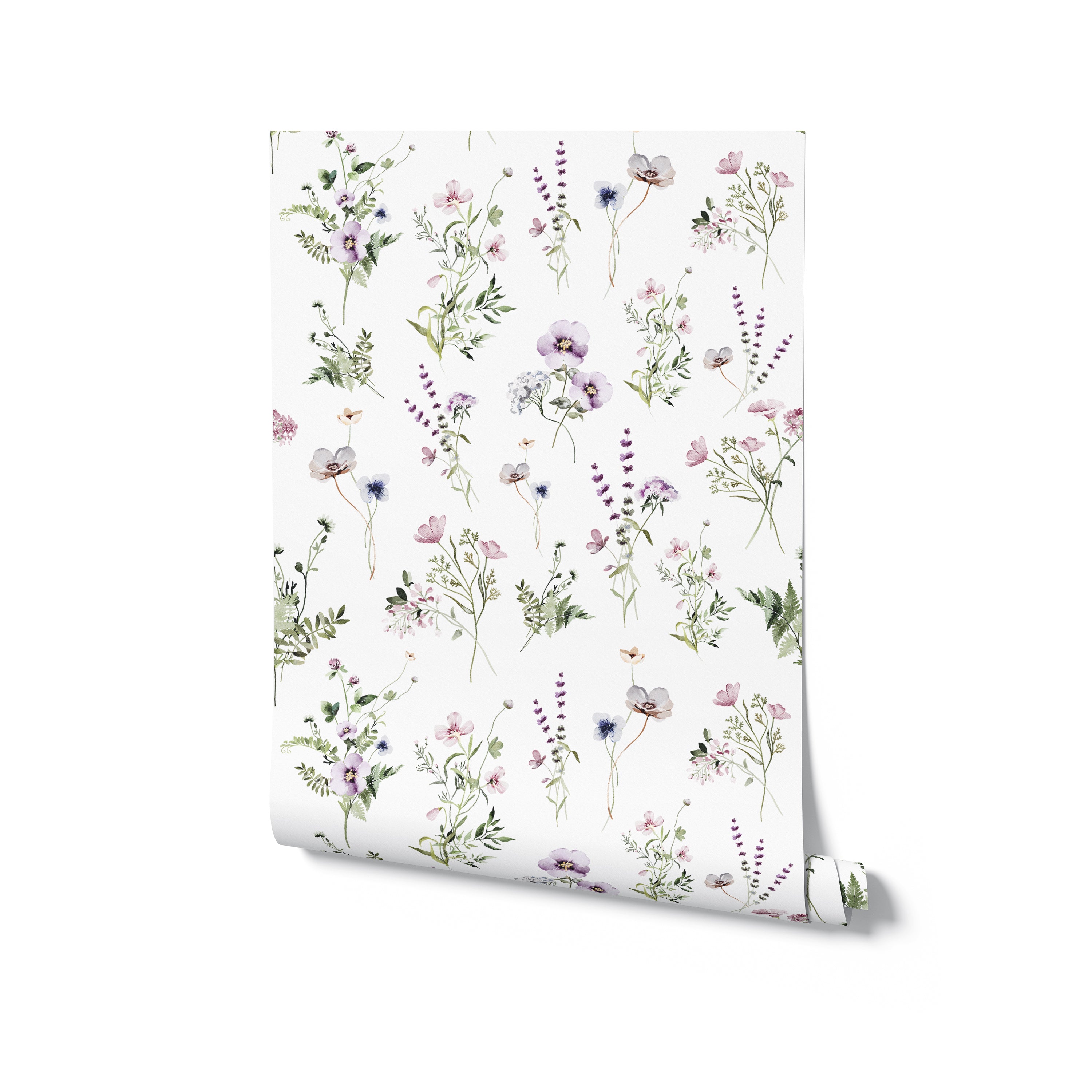 A roll of 'Midsummer Watercolour Bouquet Wallpaper - Raspberry' unfurling to reveal a detailed and colorful pattern of watercolor wildflowers and greenery, ready to add a burst of midsummer beauty to any space.