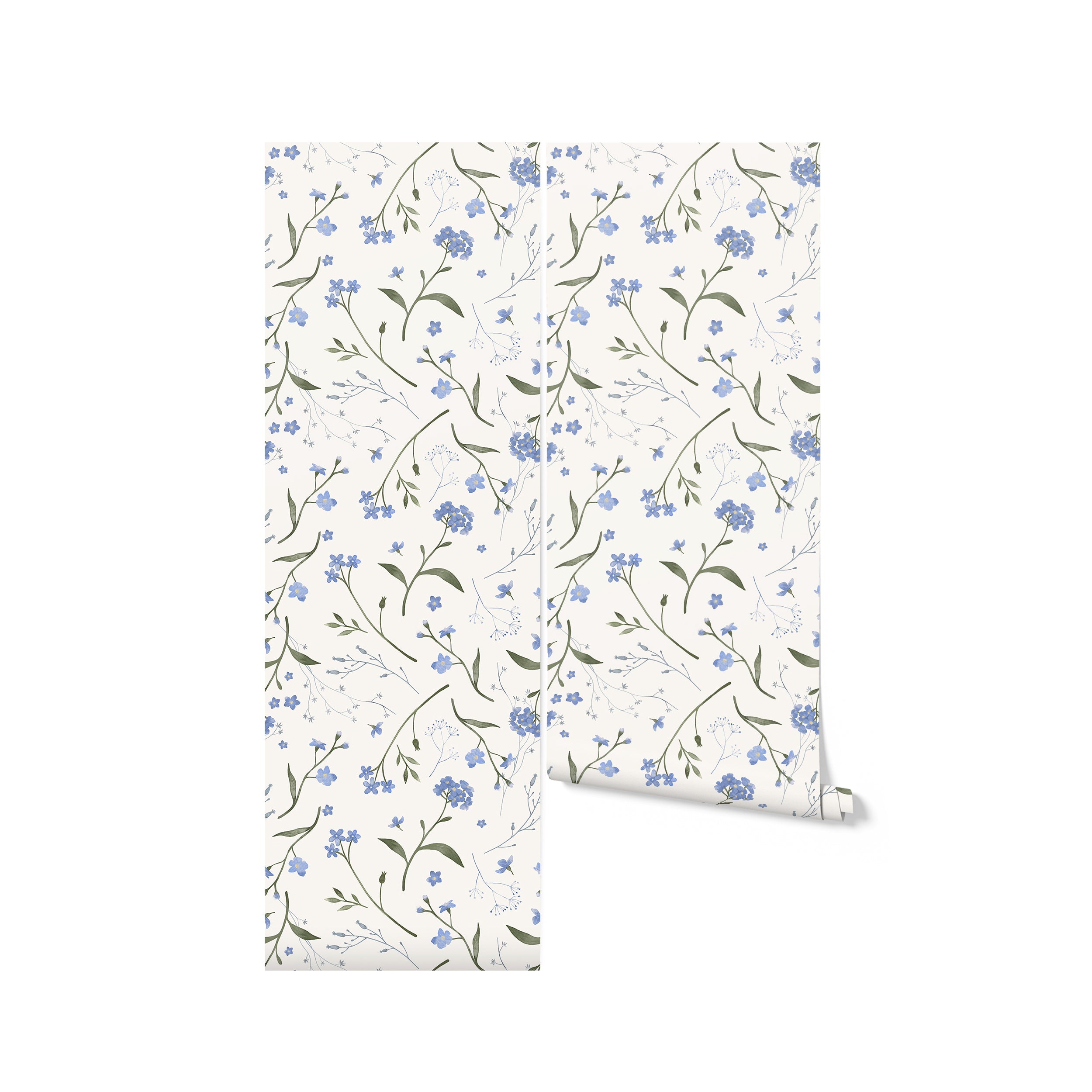 A roll of Wildflower Bouquet Kids Wallpaper, illustrating the wallpaper's intricate design with clusters of small blue wildflowers and sprawling greenery. This image highlights the wallpaper’s potential to transform any room into a charming and whimsical space.