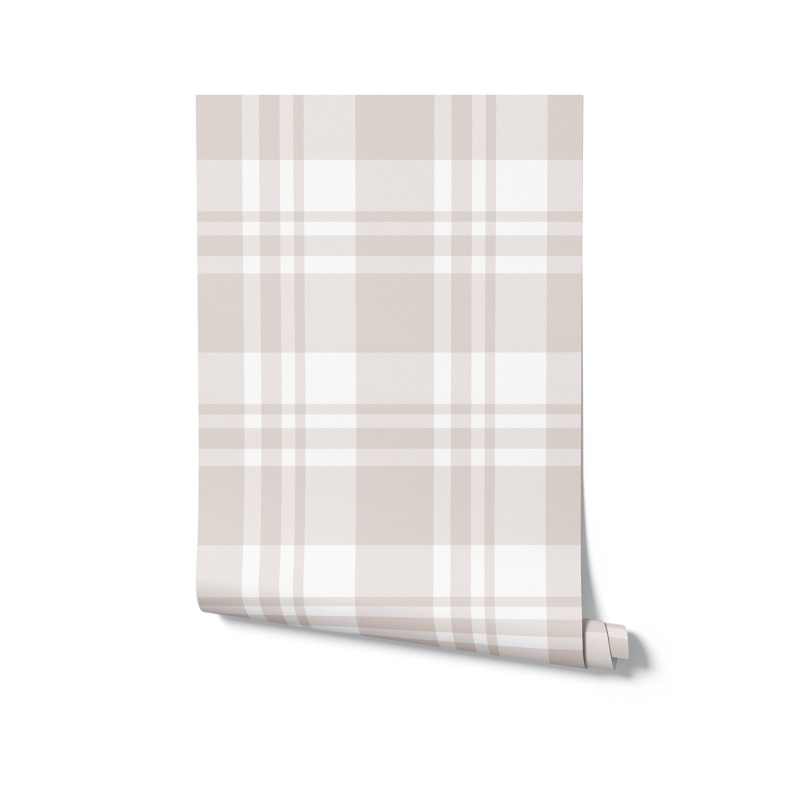 An image of the Plaid Wallpaper - Linen partially rolled up, showcasing the classic plaid design in linen and soft beige. The roll suggests the product's ready-to-use format, inviting thoughts of easy application and transformation of living spaces with its homely and traditional plaid pattern.