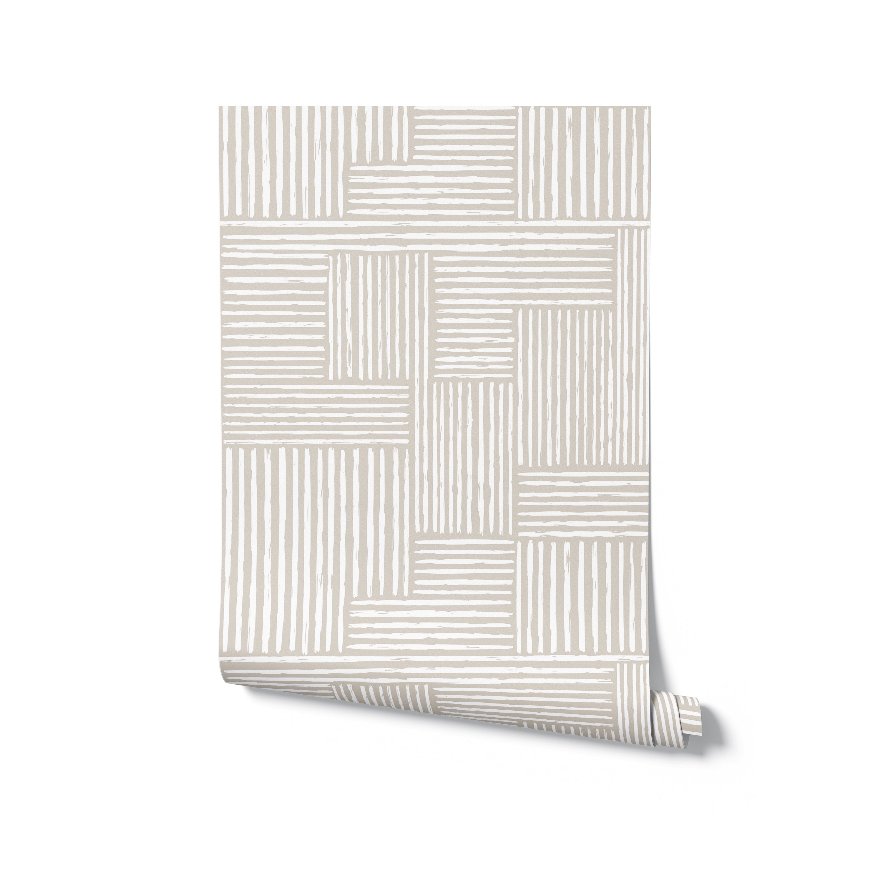 A rolled-up piece of Neutral Geometric Wallpaper, displaying the repeated pattern of structured lines forming geometric shapes in beige tones on a crisp white background, suggesting a clean and contemporary aesthetic