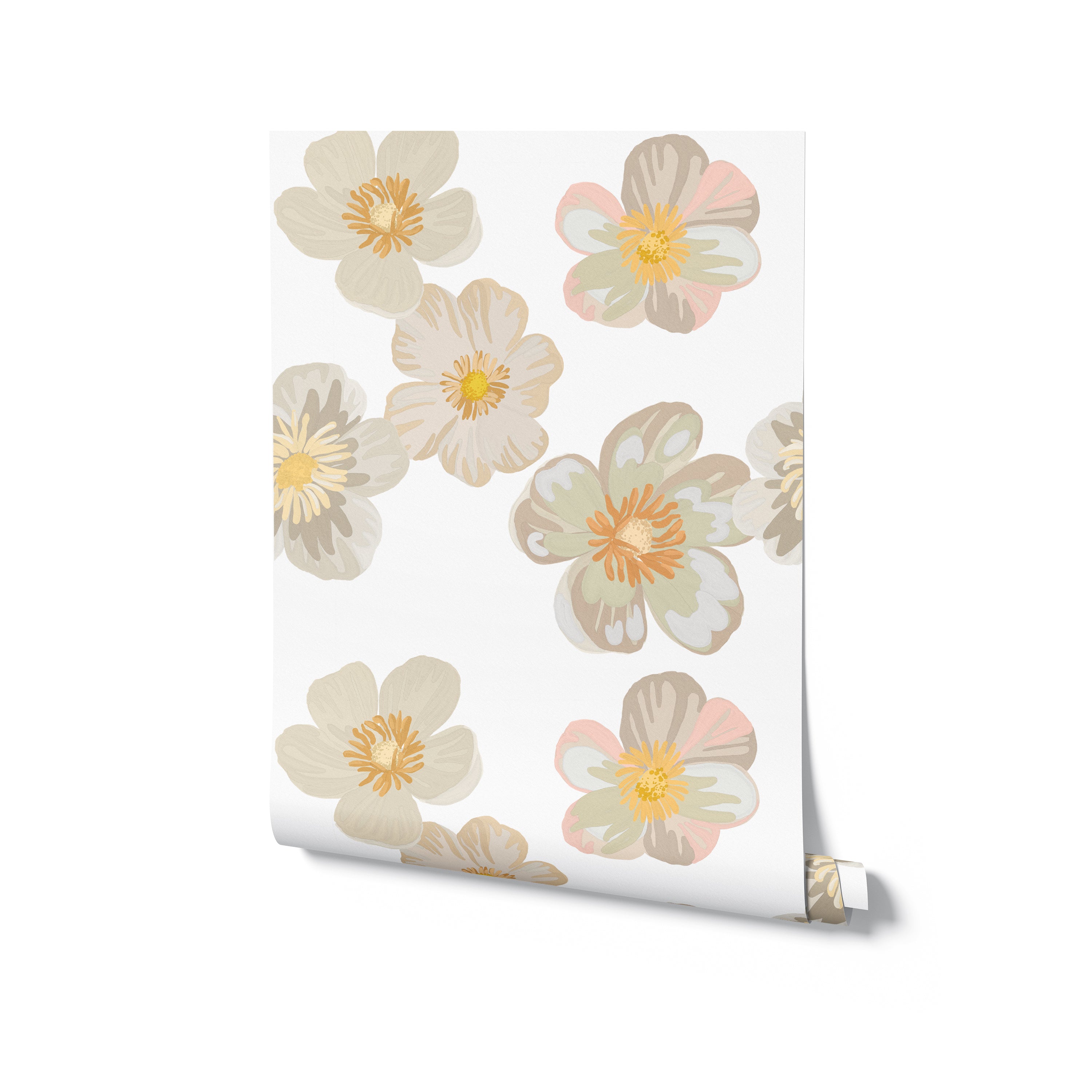 A roll of Fairy Fantasy Floral Wallpaper, slightly unrolled to reveal the playful and colorful floral design. The wallpaper's pastel tones and detailed flower illustrations offer a dreamy and vibrant touch to home decor.