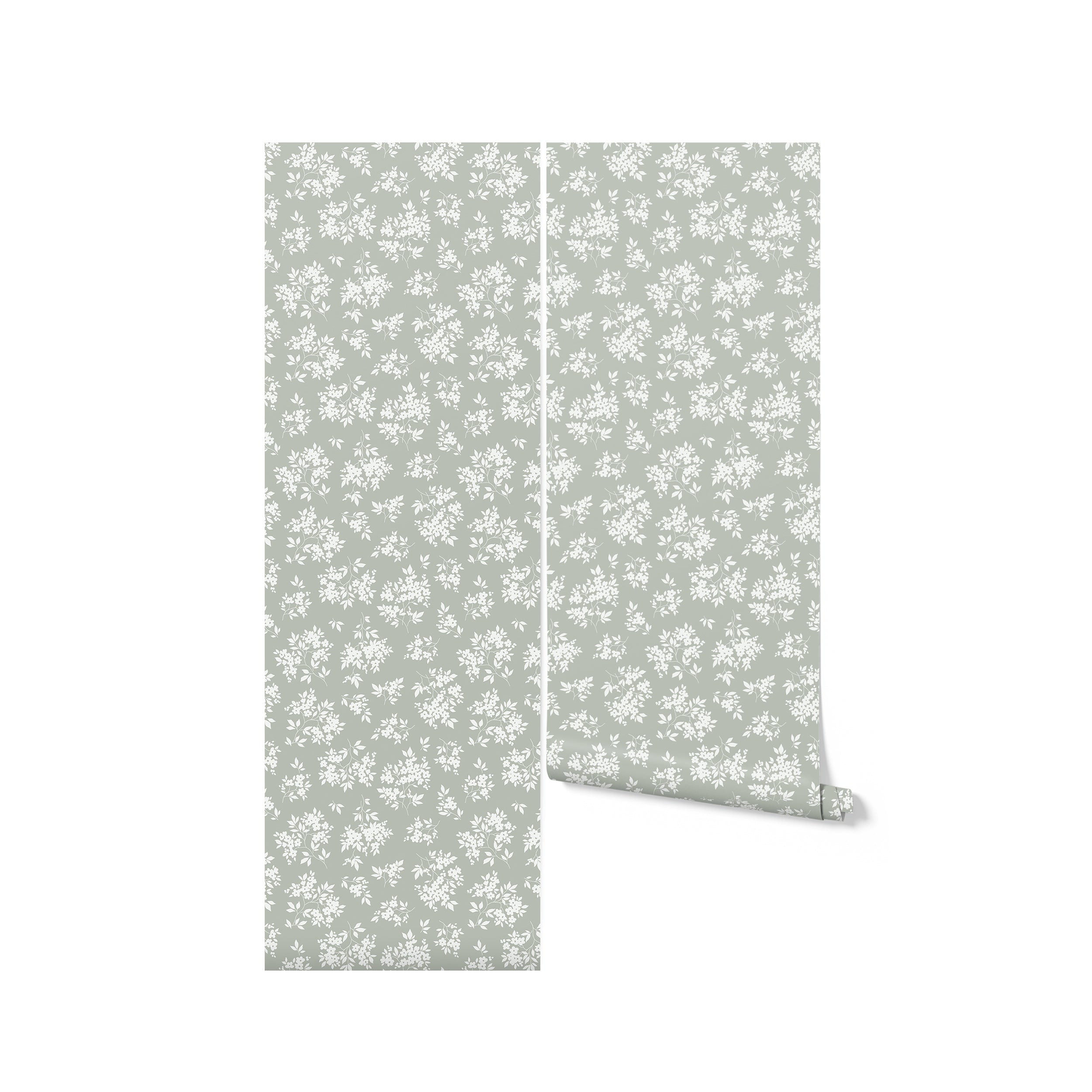 A roll of Vintage Garden Floral Wallpaper in Olive unfurled slightly to show the print. The wallpaper features delicate white flowers and leaves on an olive-green backdrop, conveying a vintage charm and making it suitable for adding a floral touch to a room's decor.