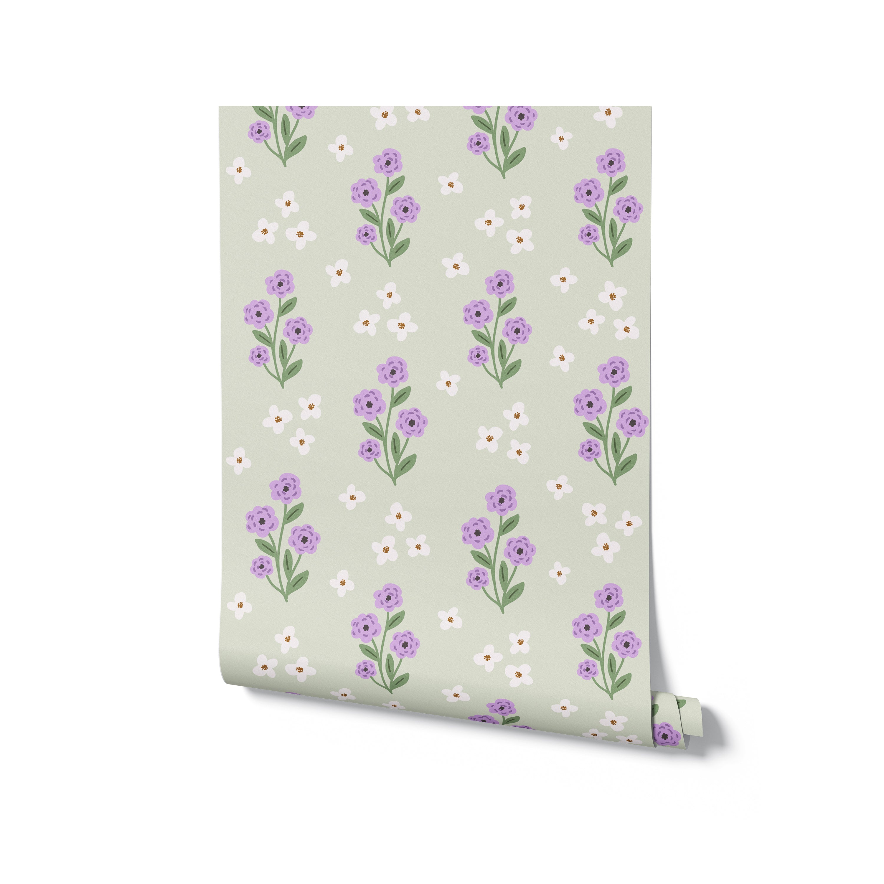 The Peaceful Floral Bouquet Wallpaper presented in a roll, displaying the repeating pattern of tranquil purple and white flowers set against a gentle green background, ready to bring a harmonious atmosphere to any room.