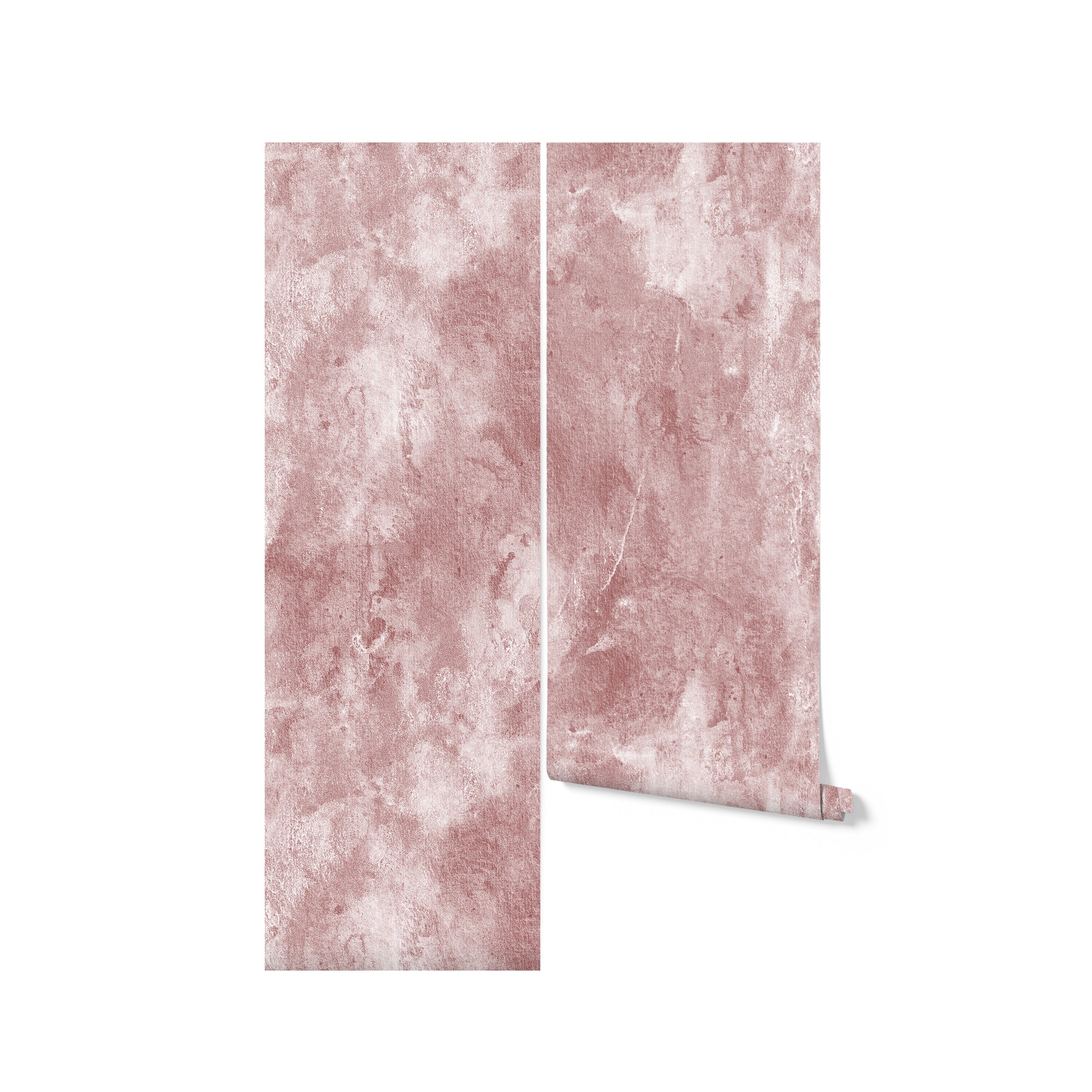 Two panels of the Dusty Rose Limewash Wallpaper, with one panel partially unrolled, revealing the texture and color gradient. The wallpaper's rich, earthy tone and tactile surface create a sense of depth and artistry.