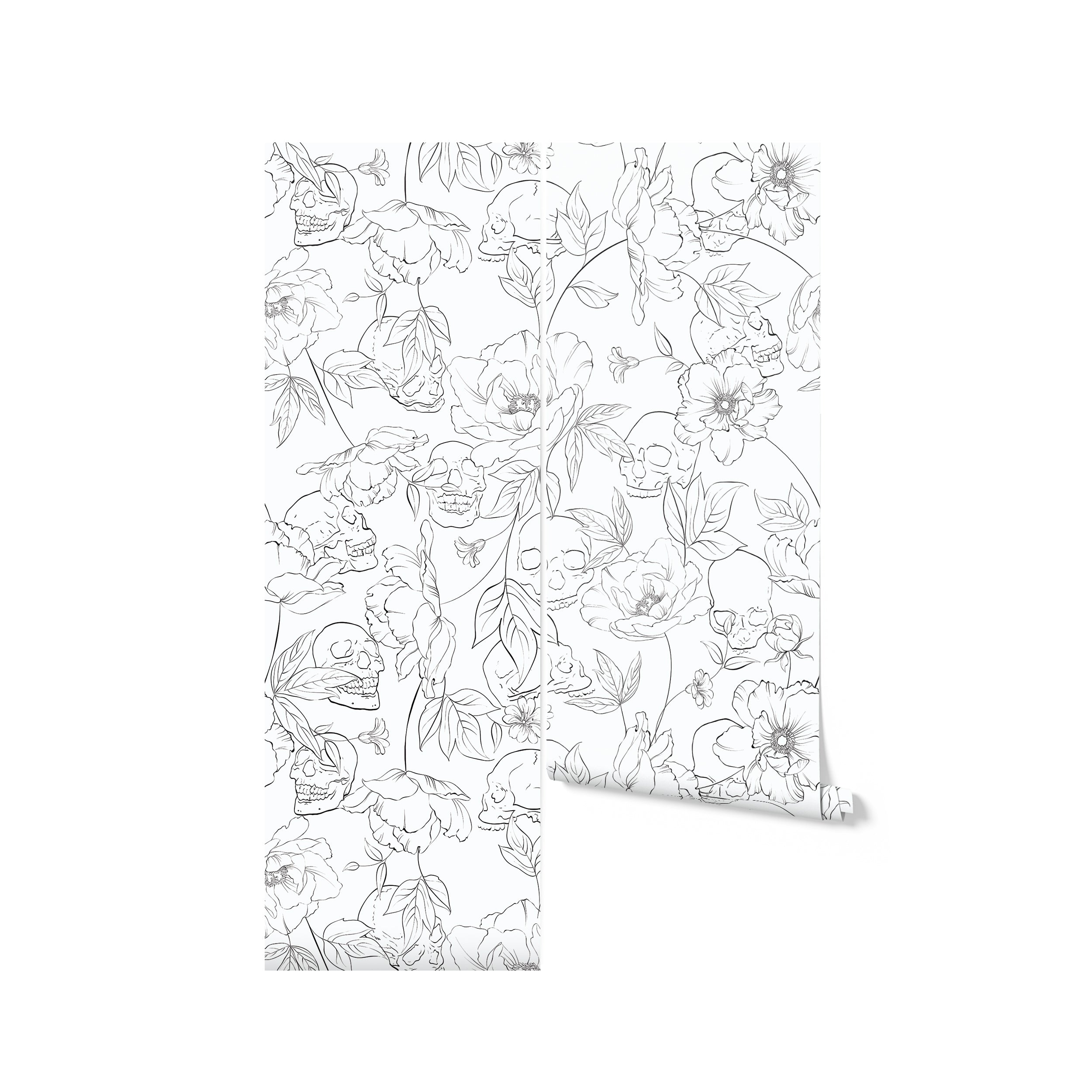 Close-up of the Dainty Skull Floral Wallpaper showing detailed line drawings of flowers and skulls, providing a unique and artistic decoration for a bold interior design statement