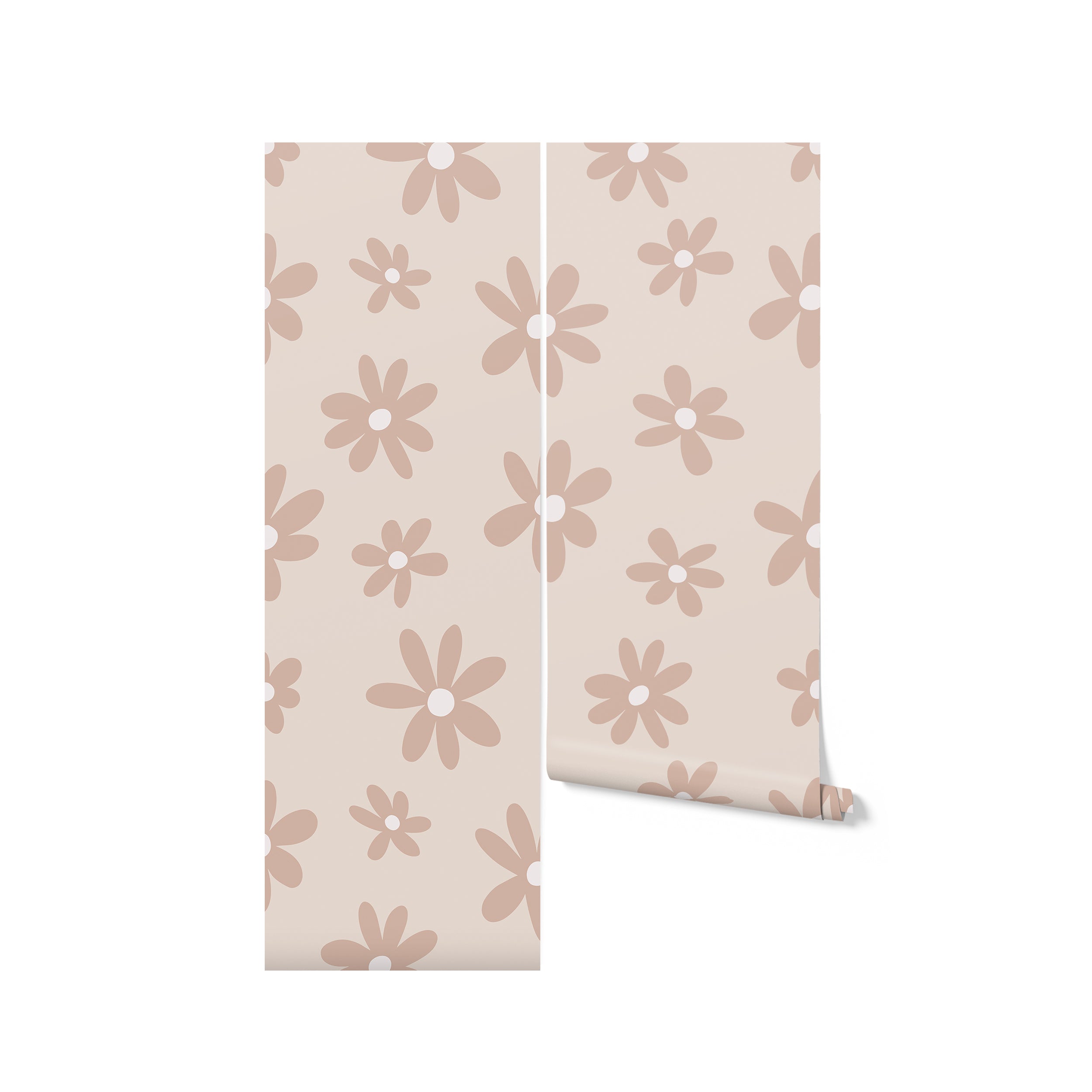 A roll of Simple Mauve Floral Wallpaper displayed upright, showcasing its delicate, large mauve flowers on a light beige background. This wallpaper design is ideal for adding a touch of understated elegance to any space.