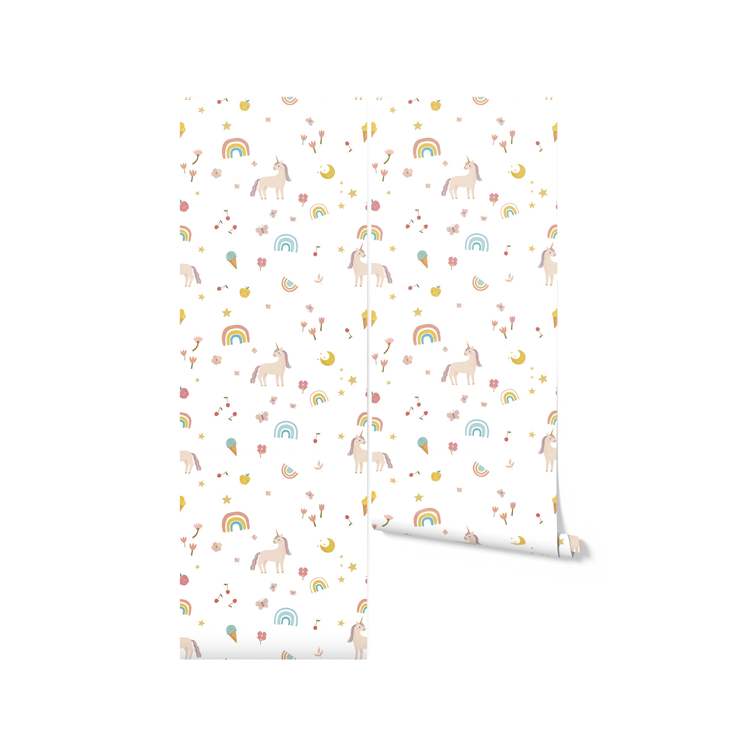 Rolls of Unicorn Adventure Wallpaper showcasing its charming design with unicorns, rainbows, ice cream cones, stars, and flowers in soft pastel colors, perfect for creating a magical and playful atmosphere.