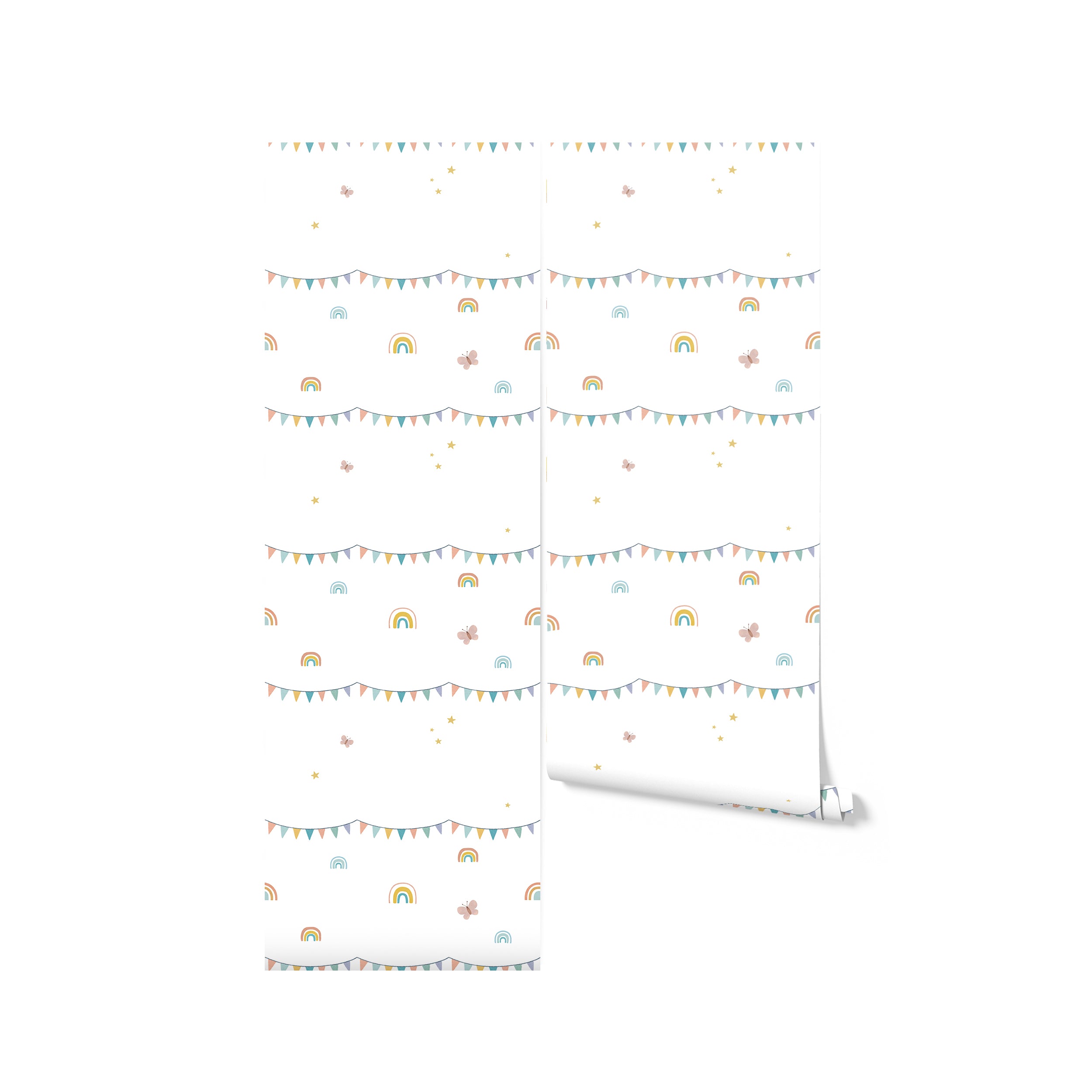 A rolled sample of the Rainbow Adventure wallpaper displaying an enchanting design of pastel rainbows, colorful bunting flags, and delicate stars on a white background, ideal for adding a touch of whimsy to any space