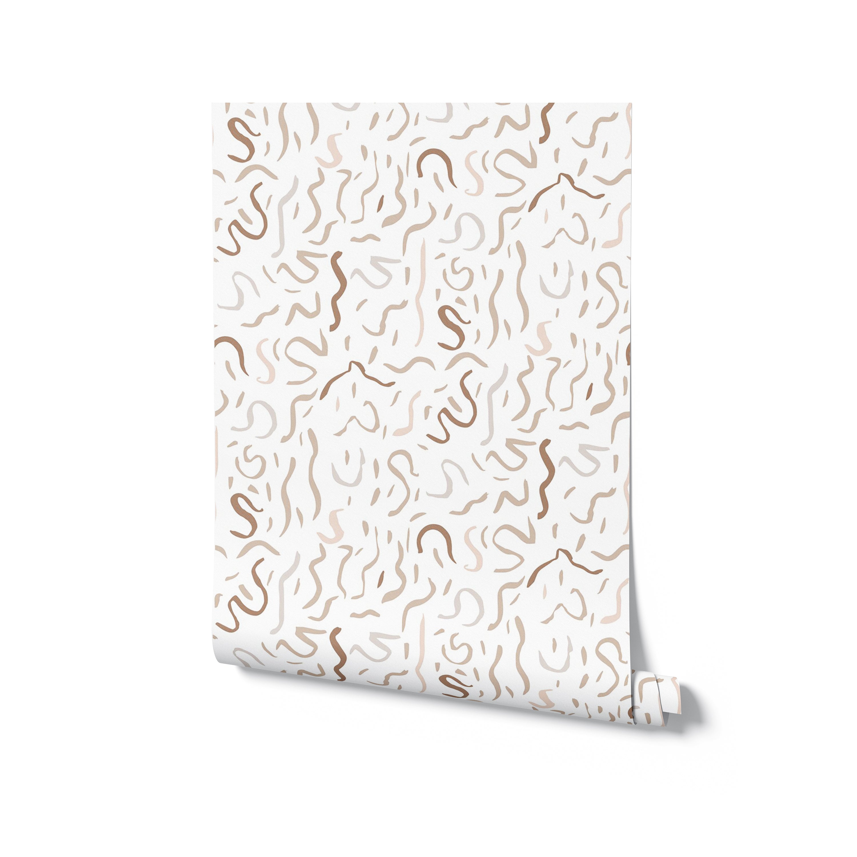 Rolled wallpaper with abstract brown and beige wavy pattern on a white background.