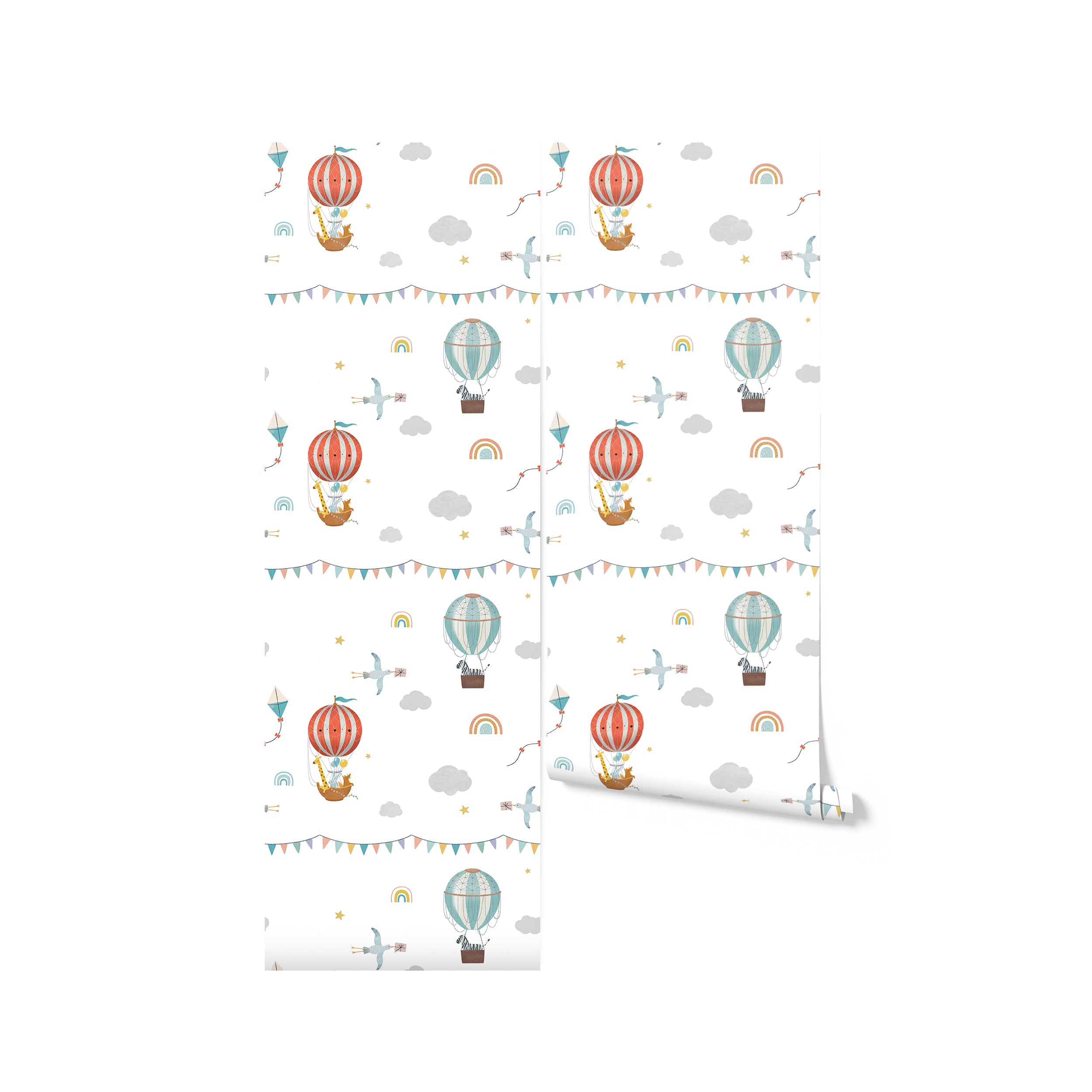 A roll of Balloon Adventure Wallpaper showcasing a delightful pattern of colorful hot air balloons, playful kites, and cheerful rainbows set against a backdrop of soft clouds, perfect for creating a dreamy and adventurous atmosphere in children's spaces.