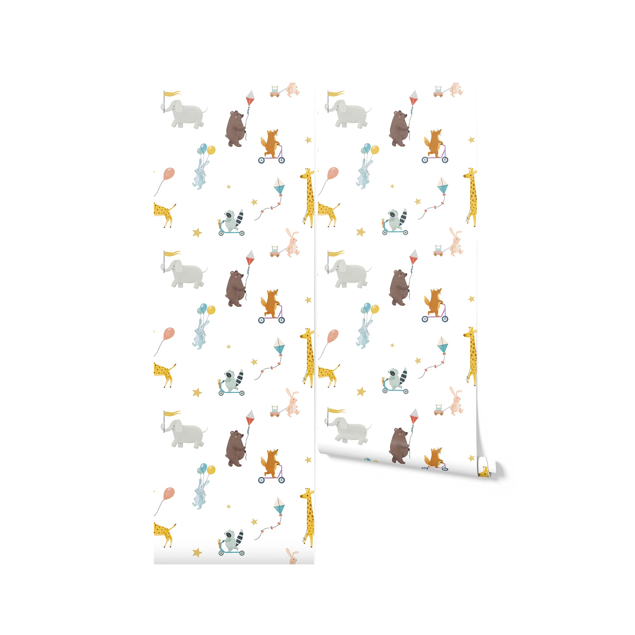 A roll of Adventure Wallpaper showing a detailed pattern of adventurous animals like giraffes, foxes, and elephants, all in playful scenarios, set against a white background with stars. This image highlights the wallpaper's vibrant and colorful design, perfect for a child's room or play area.