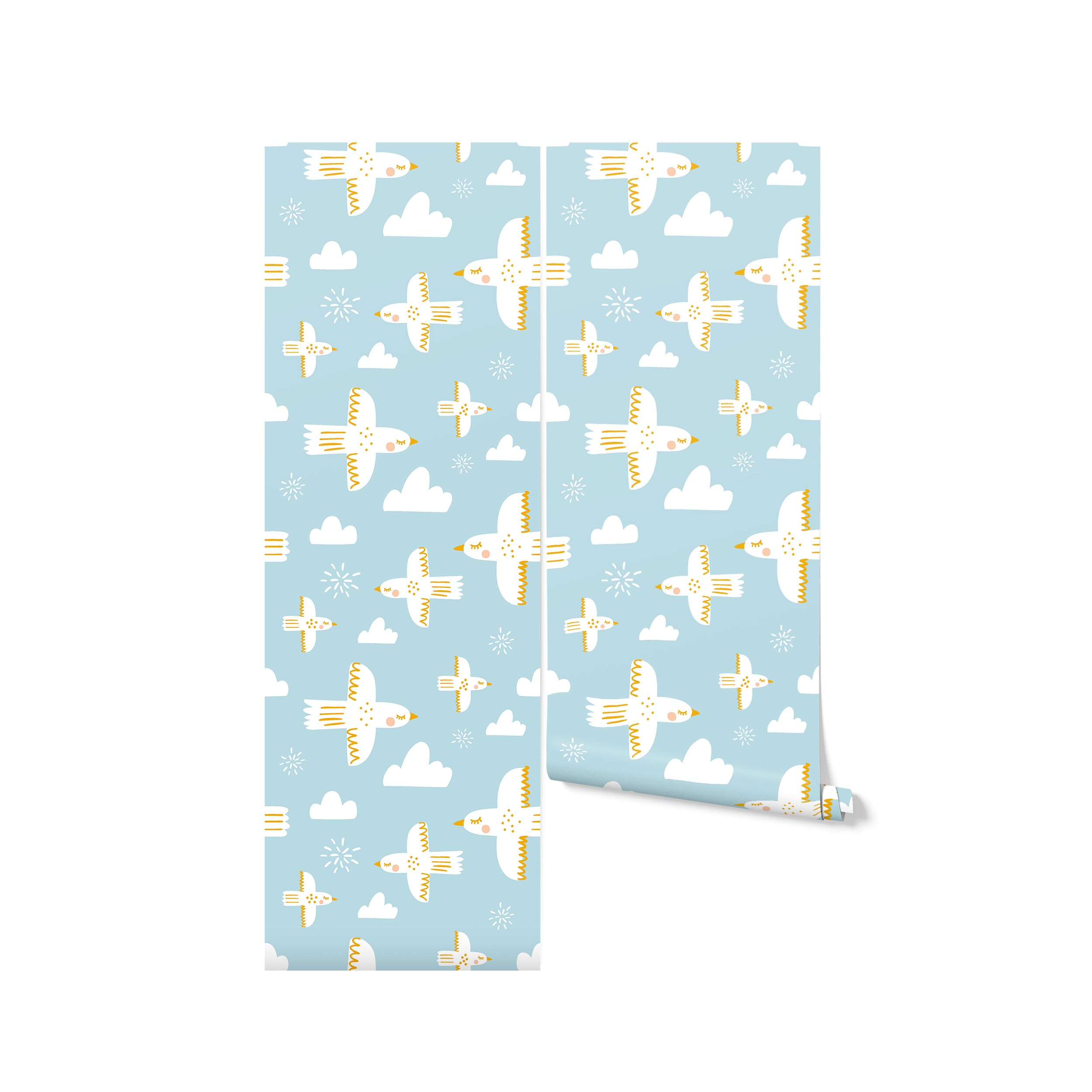 Charming wallpaper featuring a pattern of white birds in dynamic flight among clouds and scattered stars, set against a soft blue sky background, creating a sense of freedom and whimsy.