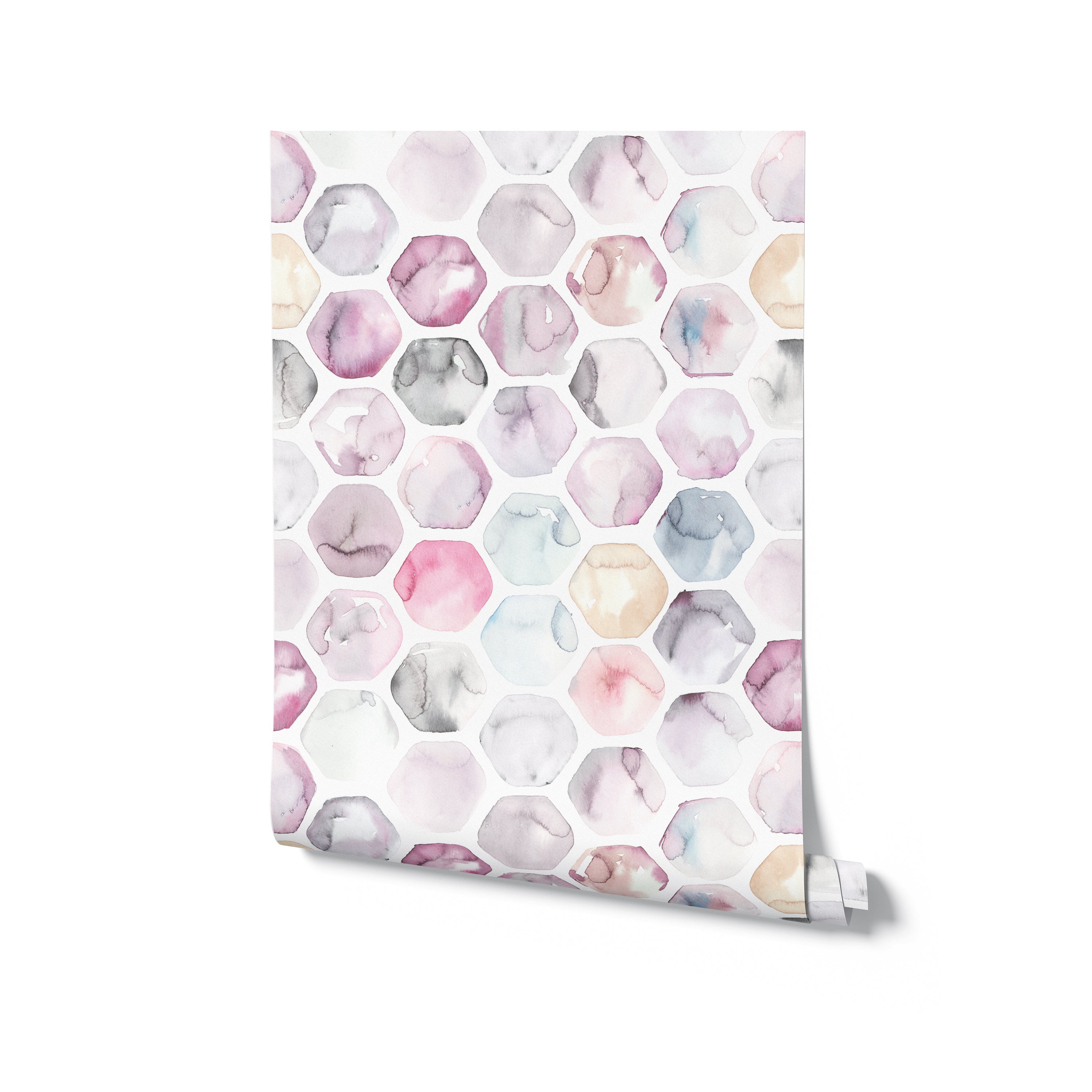The Watercolour Honeycomb Wallpaper depicted in roll form, showing off the gentle, flowing watercolor hues in a honeycomb pattern, ready to add a touch of artistic flair and soft color to any room.