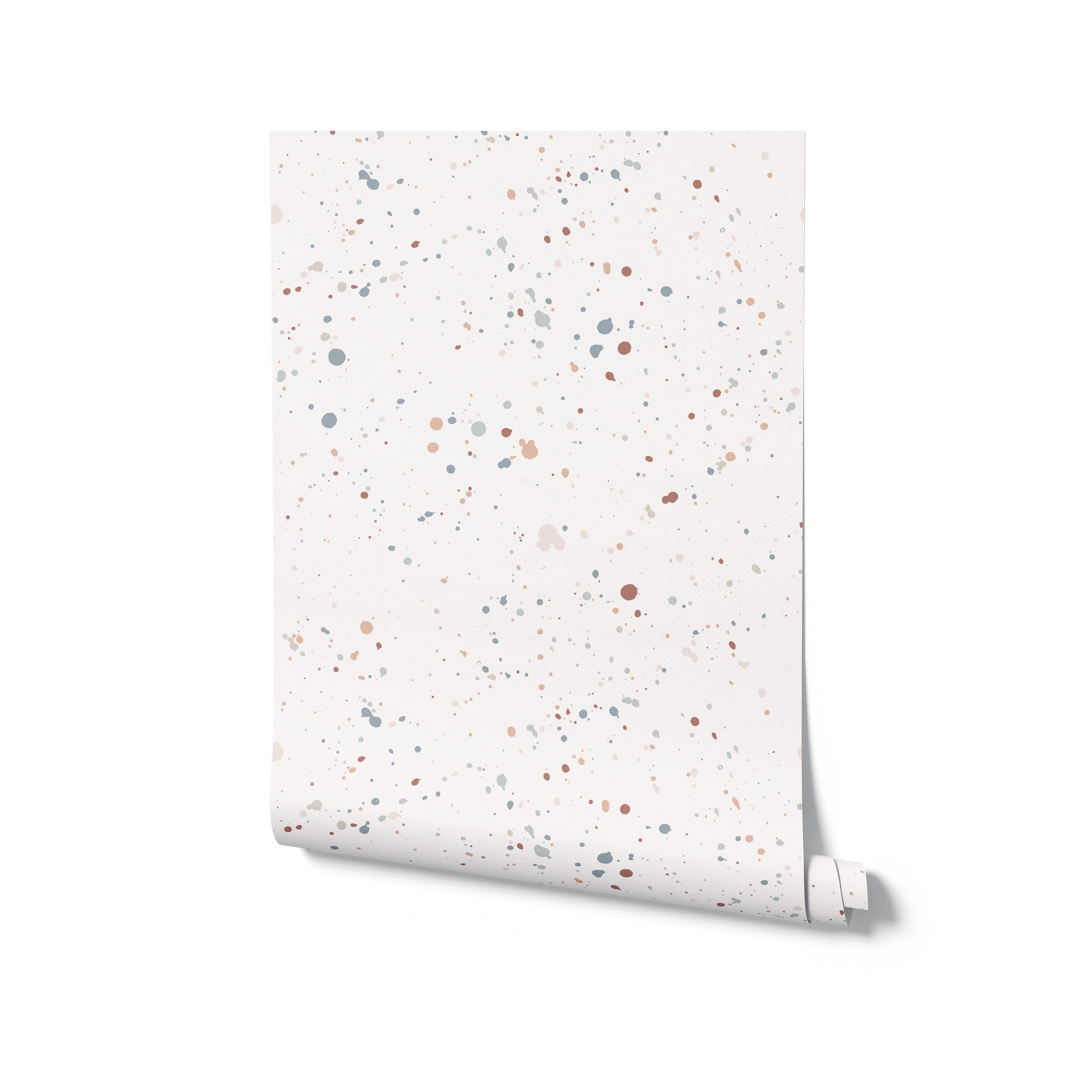 A roll of Ink Spatter Wallpaper unrolled partially to display its unique design. The wallpaper features a white background peppered with colorful ink splatters, offering a spontaneous and modern aesthetic suitable for contemporary spaces.