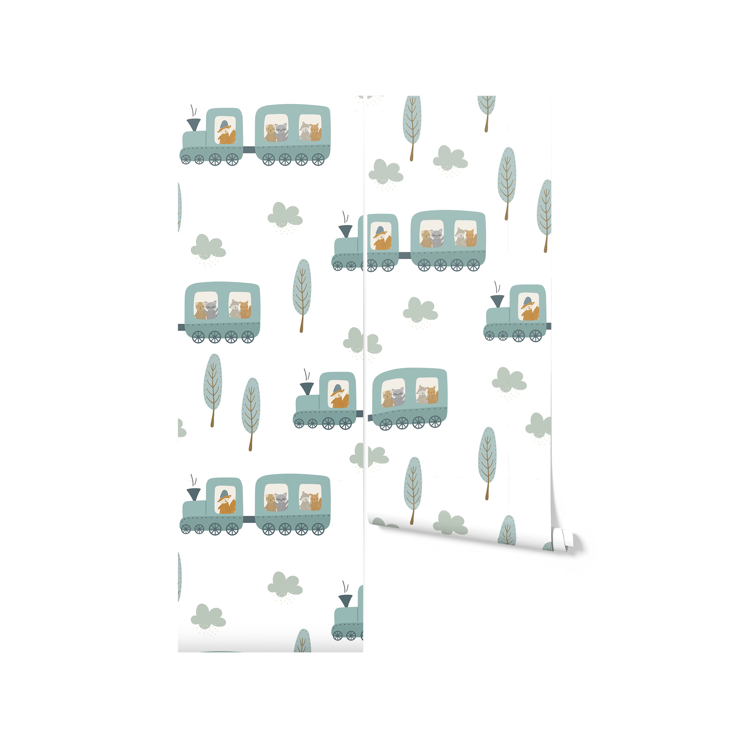 A depiction of the All Aboard Wallpaper as it might appear when unrolled, showing the continuous pattern of adorable animals in train carts, surrounded by trees and clouds. The design's soft color palette and endearing motifs are perfect for adding a whimsical touch to any child's space.