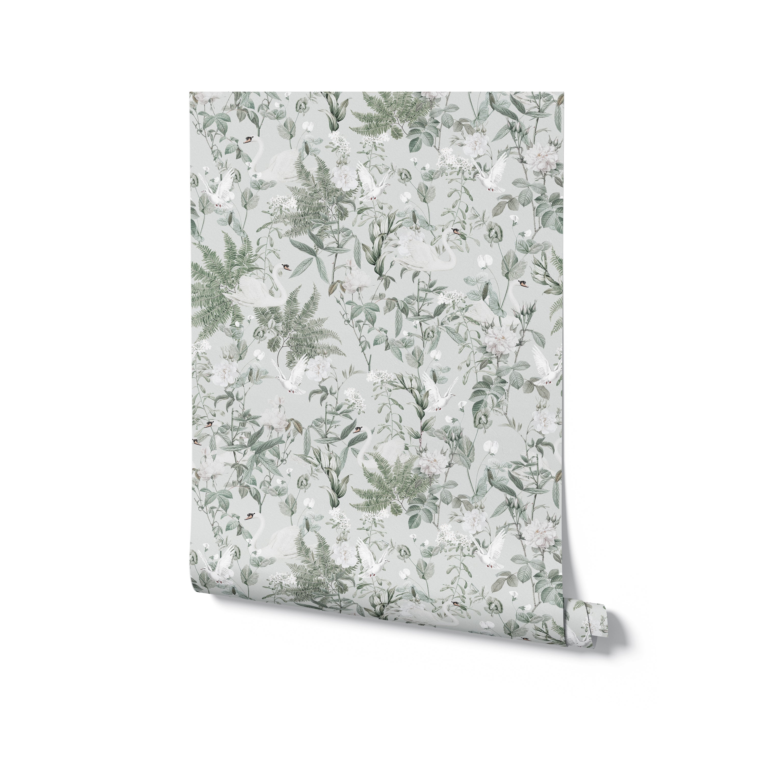 A roll of Sage Bird Wallpaper displayed, showing the soft sage color palette and the detailed design of birds, flowers, and foliage. This wallpaper is perfect for adding a touch of elegance and tranquility to any room.