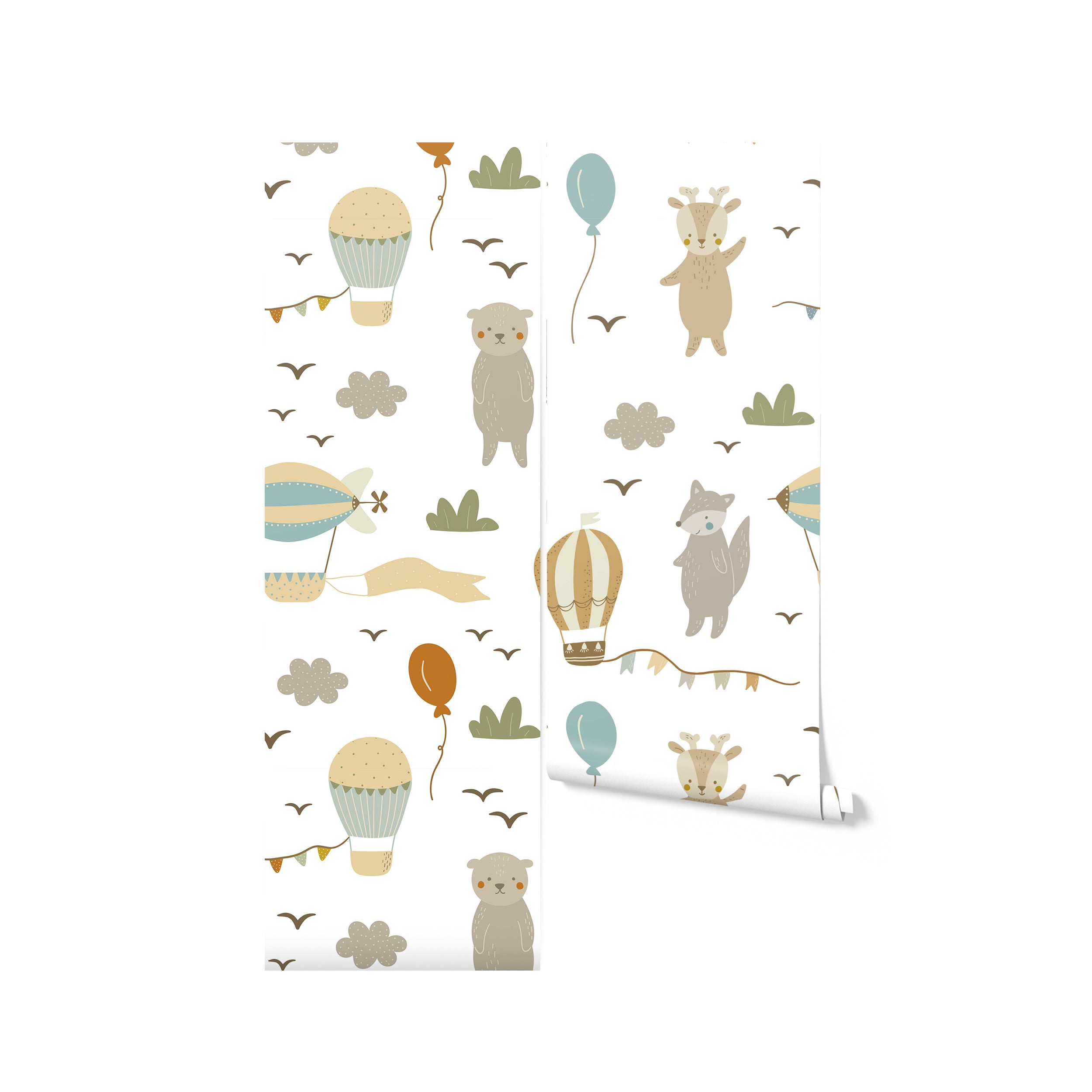 A roll of Hot Air Balloon Wallpaper displaying a charming and whimsical pattern of animals in hot air balloons, colorful balloons, and kites, set against a backdrop of soft clouds and gentle hues, perfect for adding a touch of whimsy and inspiration to any child's room.