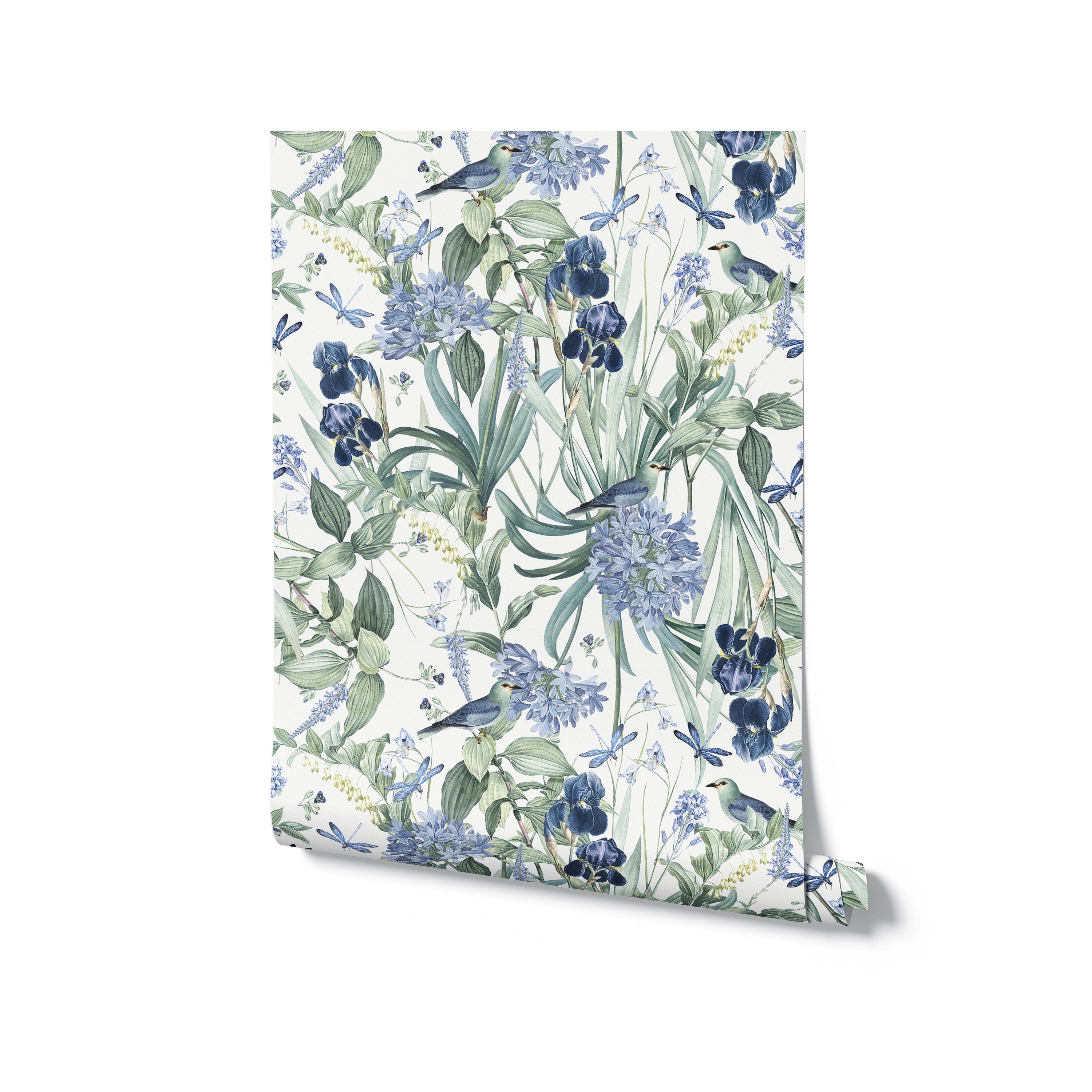 A roll of Mint Floral Wallpaper presented vertically, displaying a lush pattern of blue and green hues. The design is rich with detailed illustrations of flowers, birds, and dragonflies, perfect for bringing a touch of nature into any interior space.