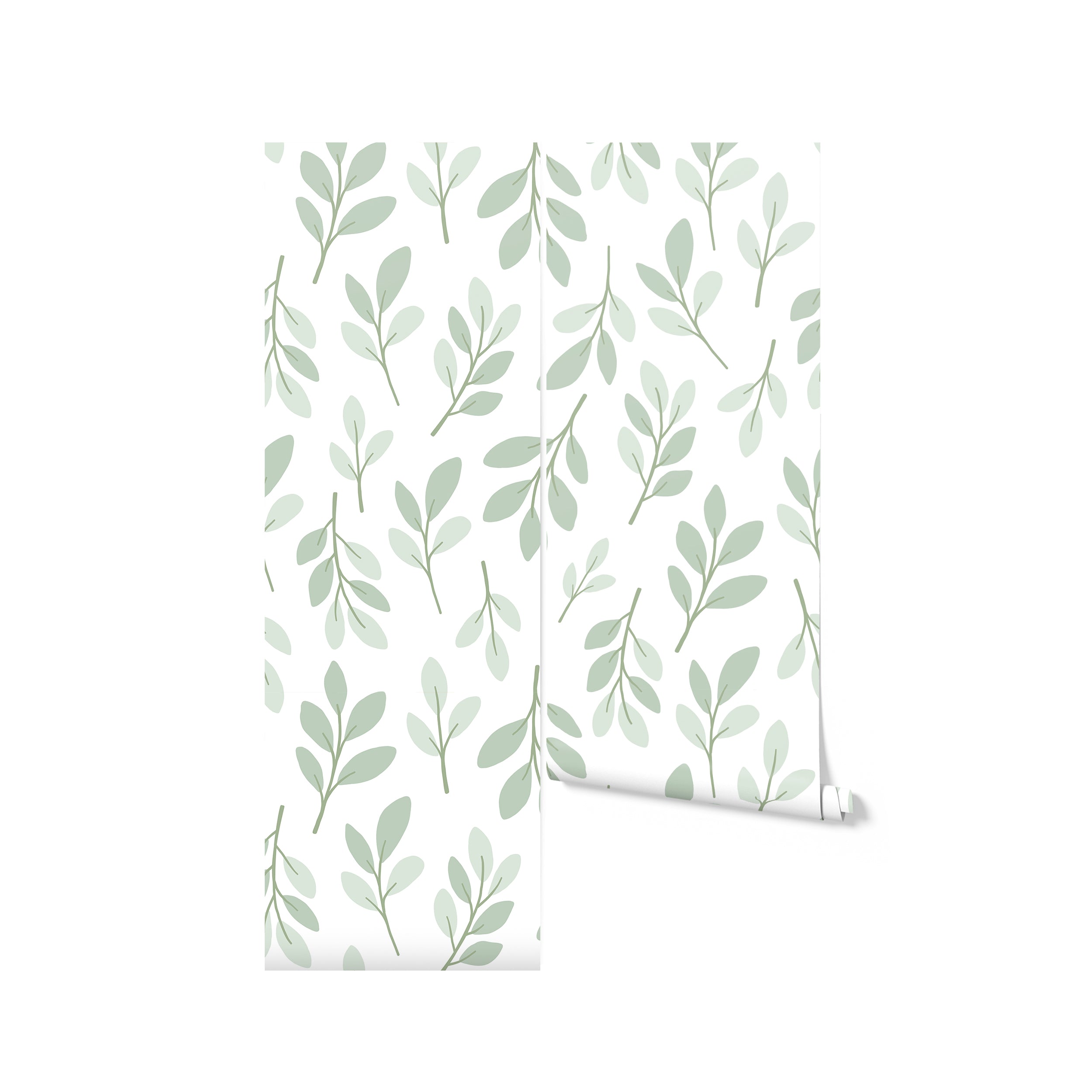A roll of Easter Leaf Wallpaper showing a clean and minimalist design with soft green leaves scattered across a white background, ideal for bringing a touch of nature and serenity to any room.