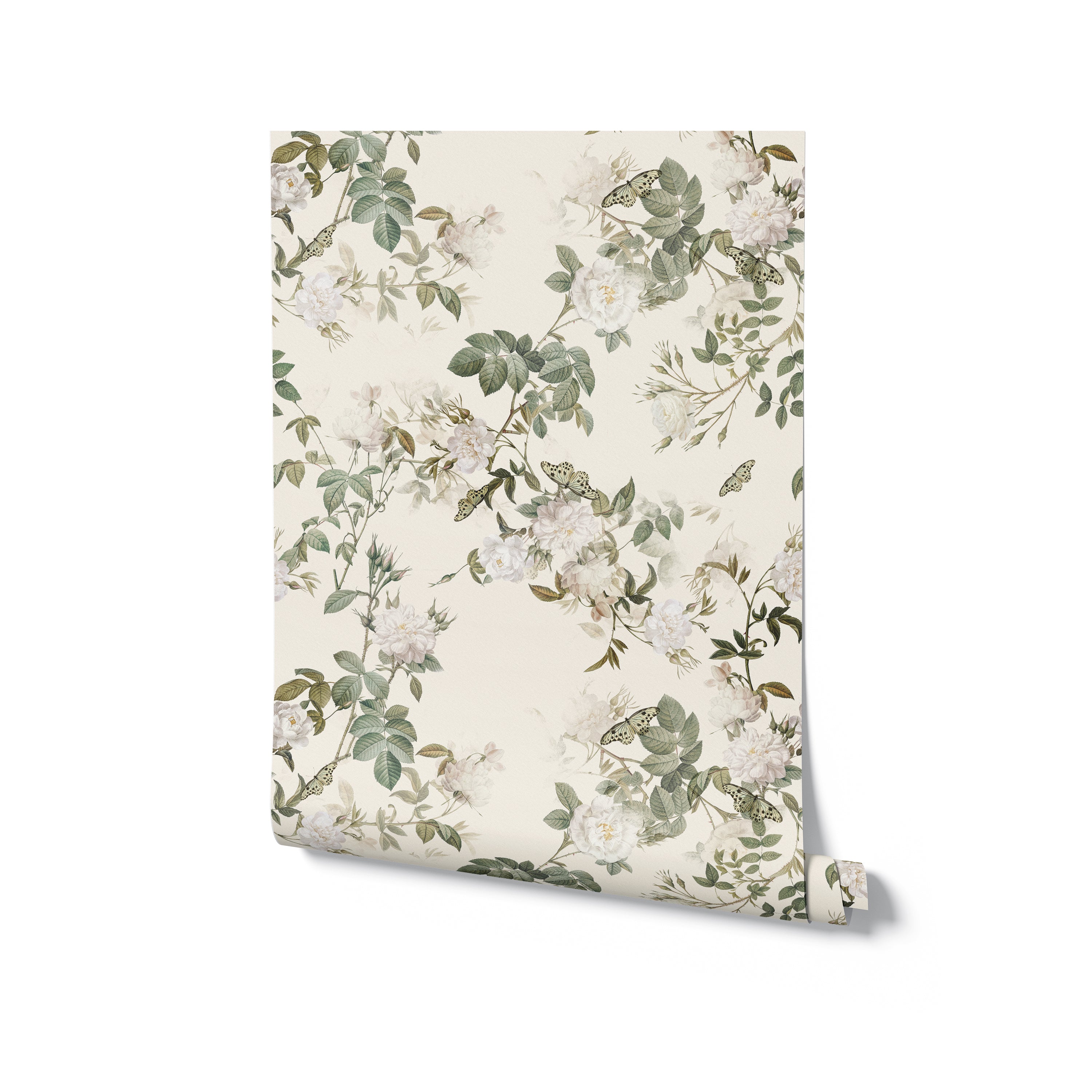 A roll of luxury wallpaper with a pastel mint floral pattern, presenting large leaves and flowers with butterflies, on a neutral background
