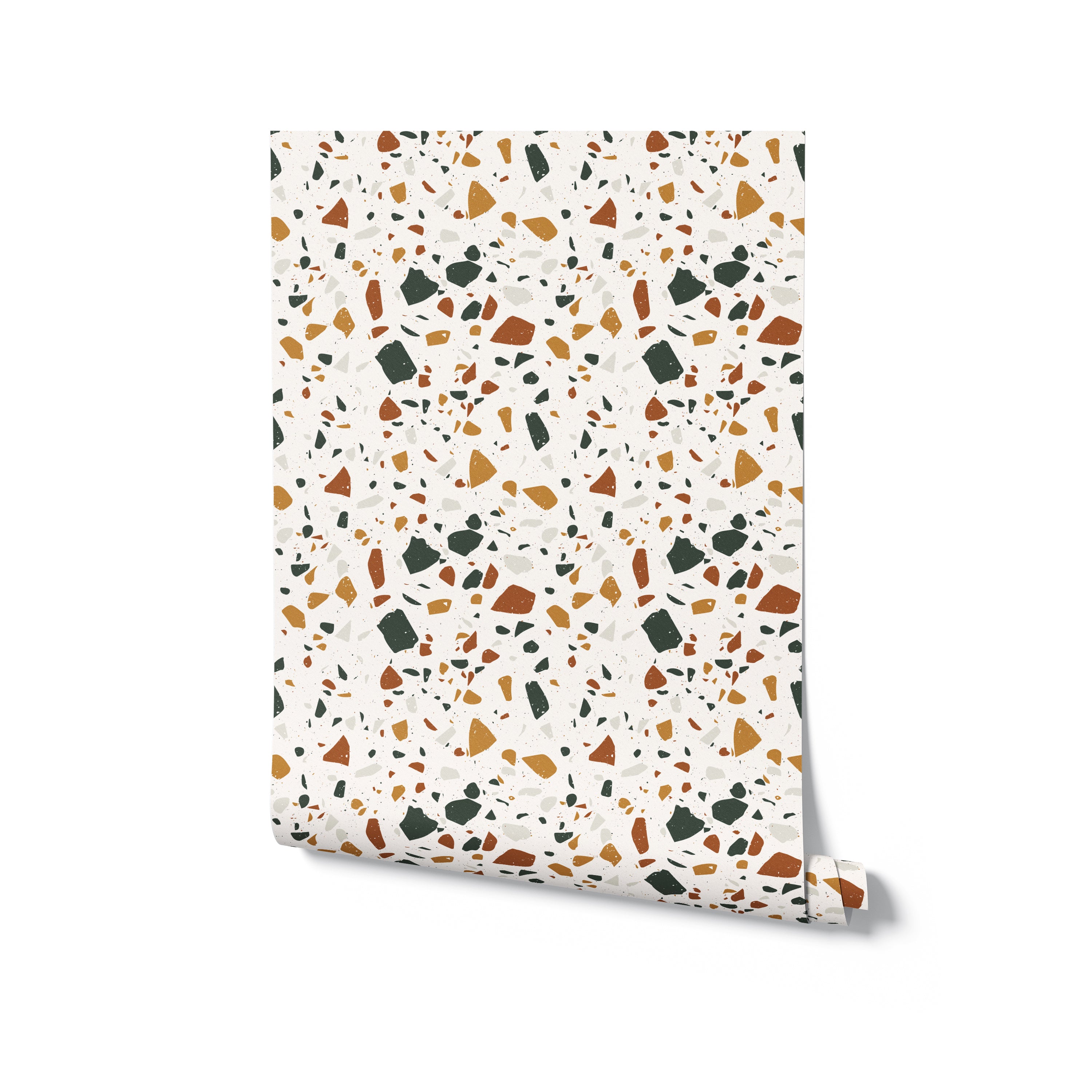 A roll of Earthy Terrazzo Wallpaper displayed vertically, showcasing a speckled pattern with various-sized pieces of orange, green, gray, and white on a light background, emphasizing its texture and color variety.