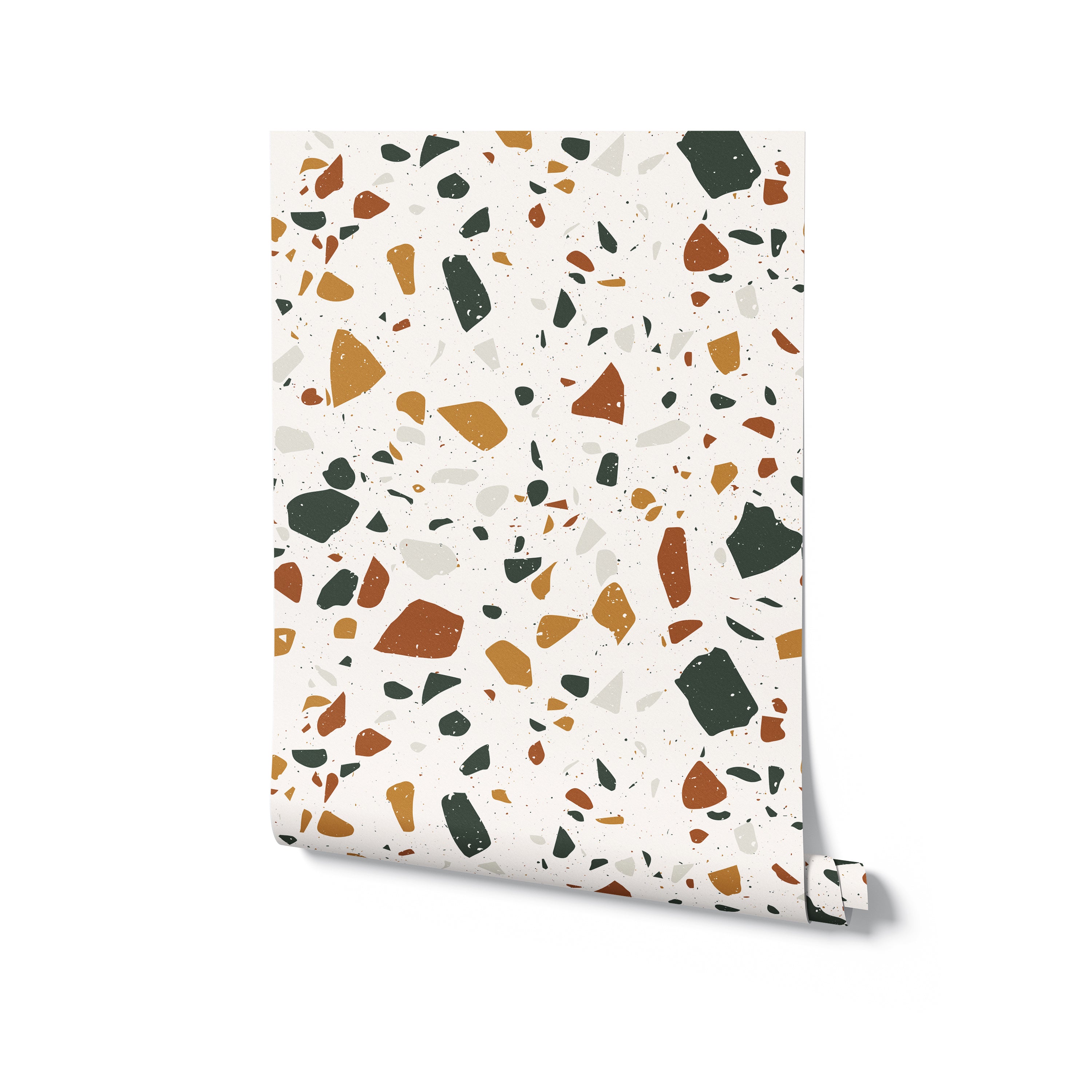 A rolled-up piece of Earthy Terrazzo Wallpaper displayed vertically, highlighting the dense, colorful speckle pattern with shades of orange, green, and gray on a bright background, perfect for adding a dynamic and earthy feel to any room.