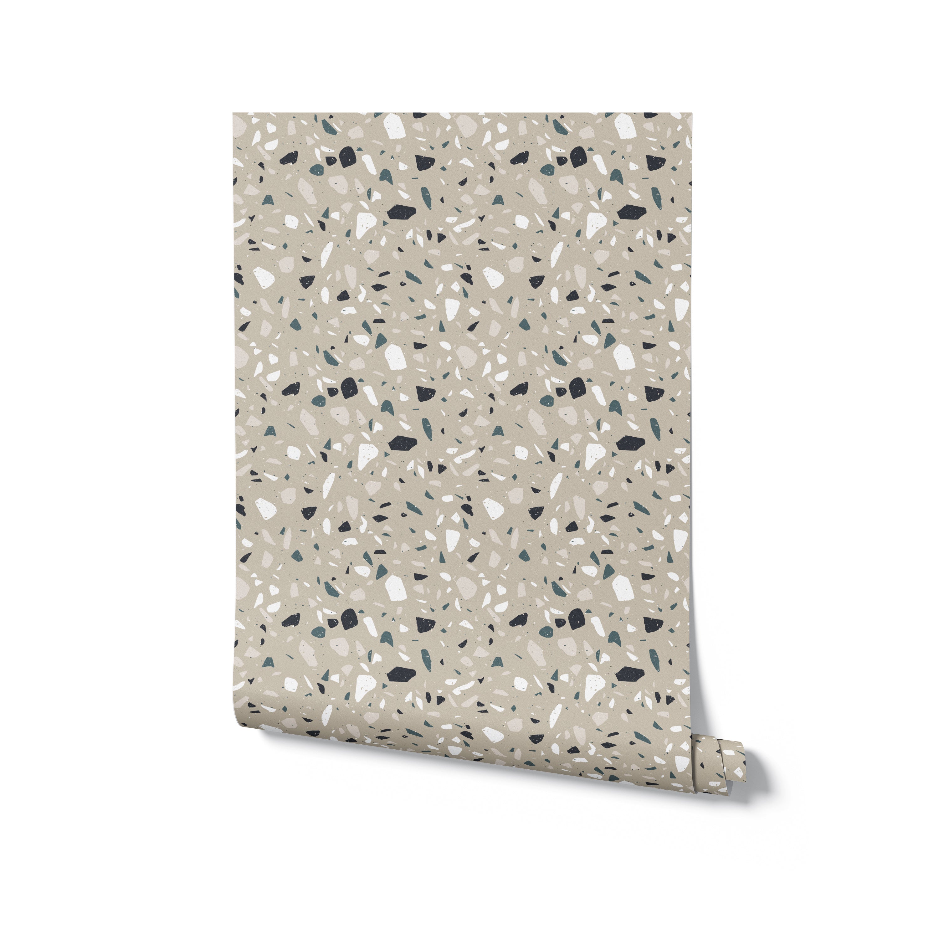 A roll of Earthen Terrazzo Wallpaper, partially unrolled to display the unique terrazzo pattern with a diverse mix of chip sizes and colors, ideal for adding a modern and artistic touch to any room's decor.