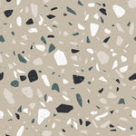 A close-up view of the Earthen Terrazzo Wallpaper, showcasing a modern terrazzo design with scattered chips in shades of black, white, and various grays on a beige background, giving a contemporary and textured appearance.