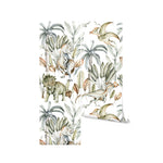 A roll of Watercolour Dino Wallpaper displaying a charming pattern of dinosaurs such as Iguanodon and Pterodactyl, set among dense foliage in a watercolor design, perfect for adding a playful yet artistic touch to children’s rooms