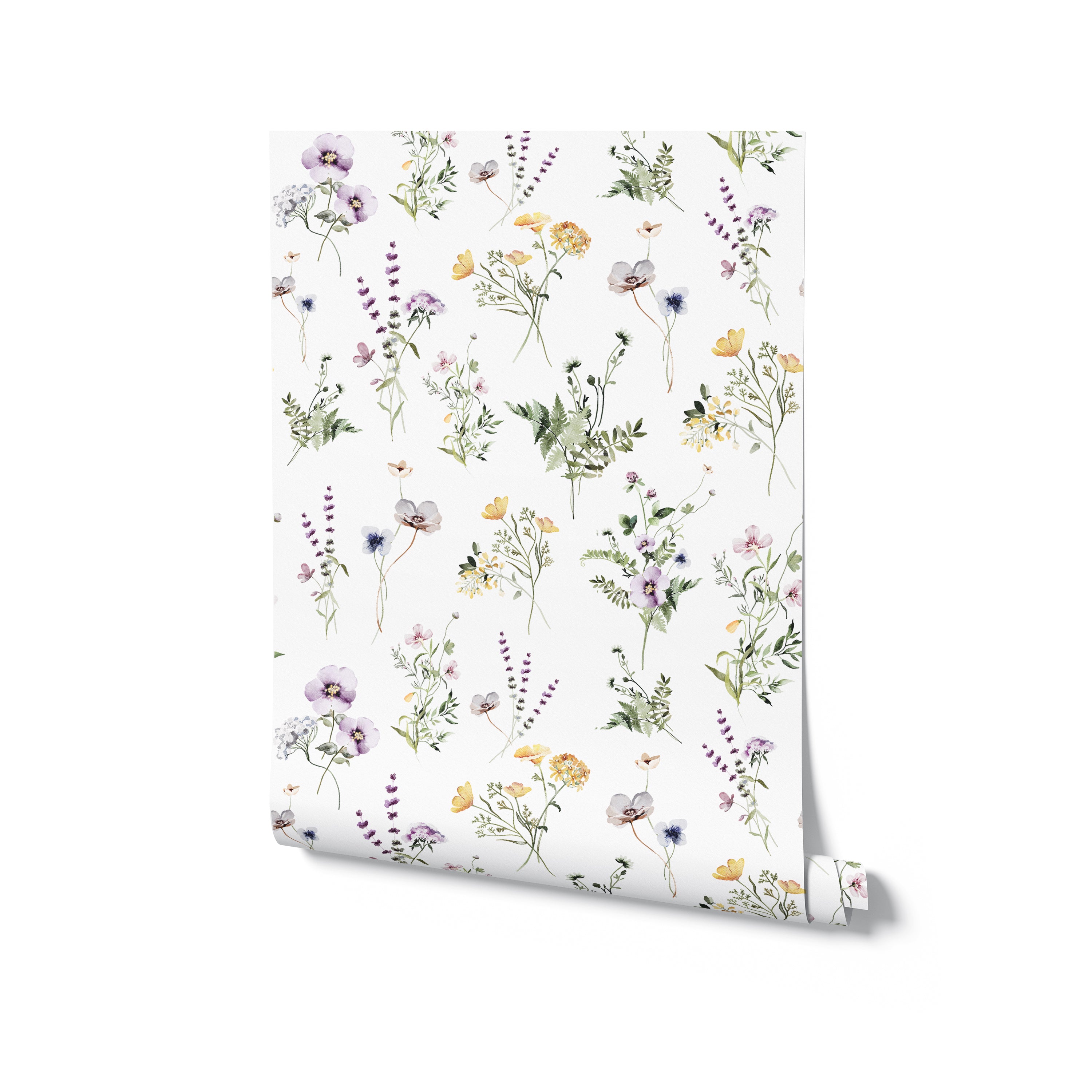 A roll of Midsummer Watercolour Bouquet Wallpaper with a white background adorned with an array of watercolor flowers and plants. The realistic portrayal of various wildflowers creates a vibrant and inviting pattern that captures the essence of a peaceful summer meadow