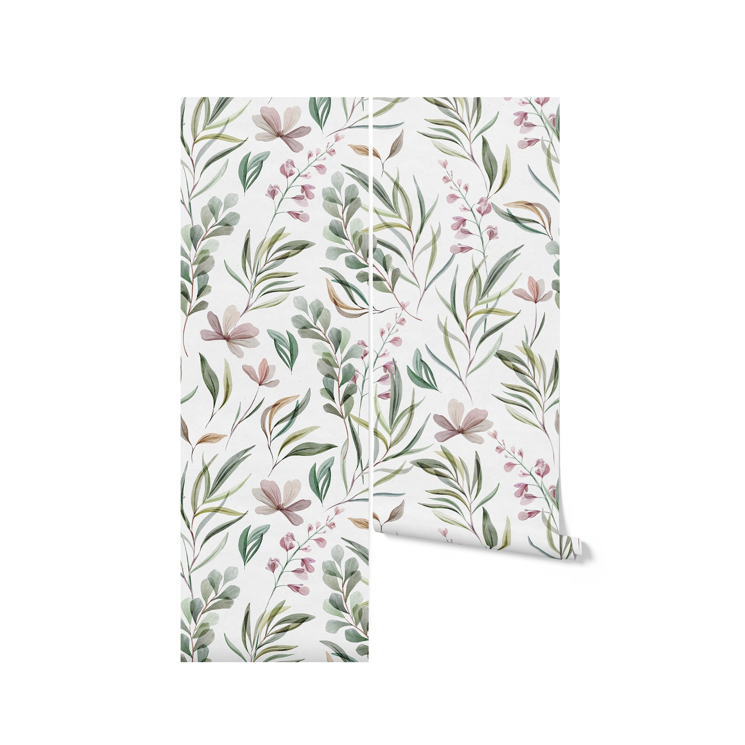 Detailed view of the Botanical Floral Wallpaper, showcasing its elegant design of intermingling leaves and delicate flowers painted in watercolor style, predominantly in shades of green, pink, and taupe against a light background.