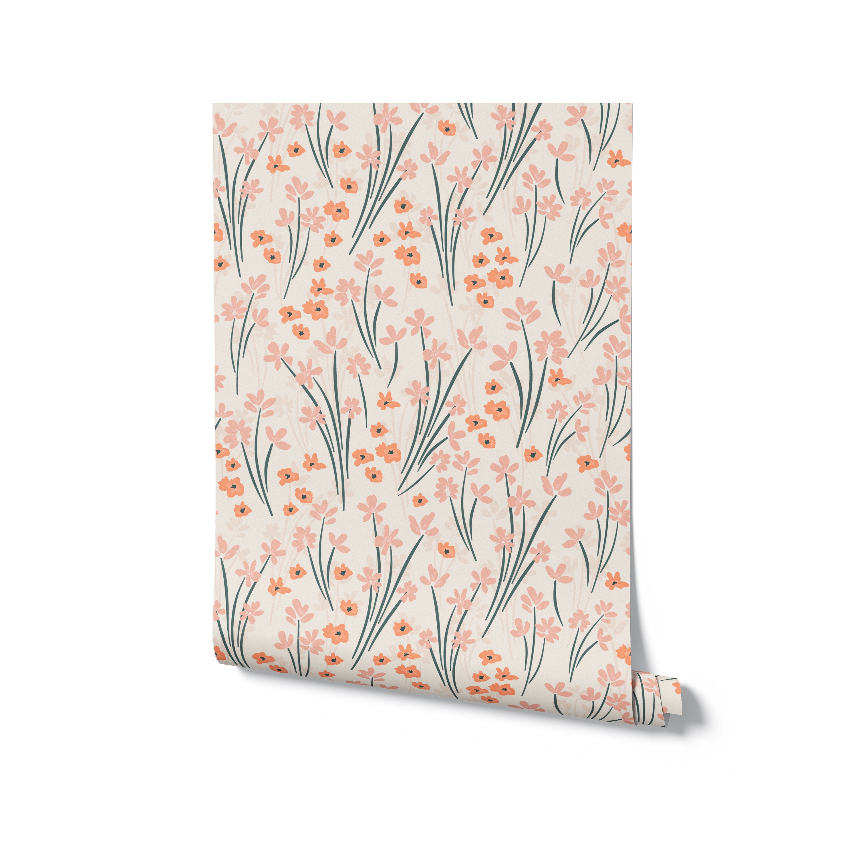 A single roll of wallpaper is presented, showcasing the St Valentine floral pattern with orange and pink flowers on a soft beige background. The roll is positioned to show the continuous flow of the design, indicative of how it will look when applied to a wall.
