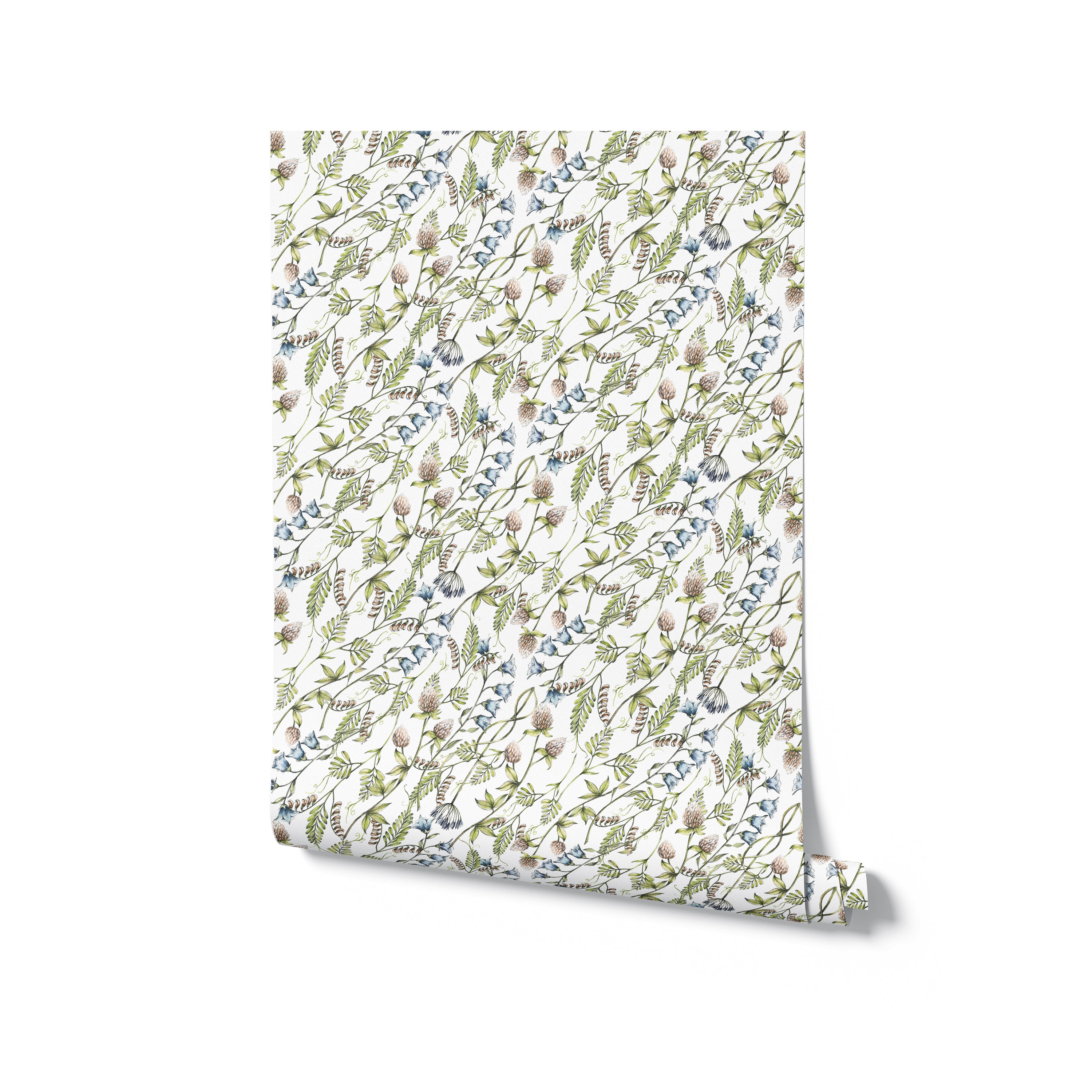 A roll of 'Watercolour Botanical Wildflowers' wallpaper, depicting its intricate design of various wildflowers and foliage in watercolor style. The wallpaper has a white background and features a palette of blues, greens, and beige, ready to transform a space with its elegant botanical theme