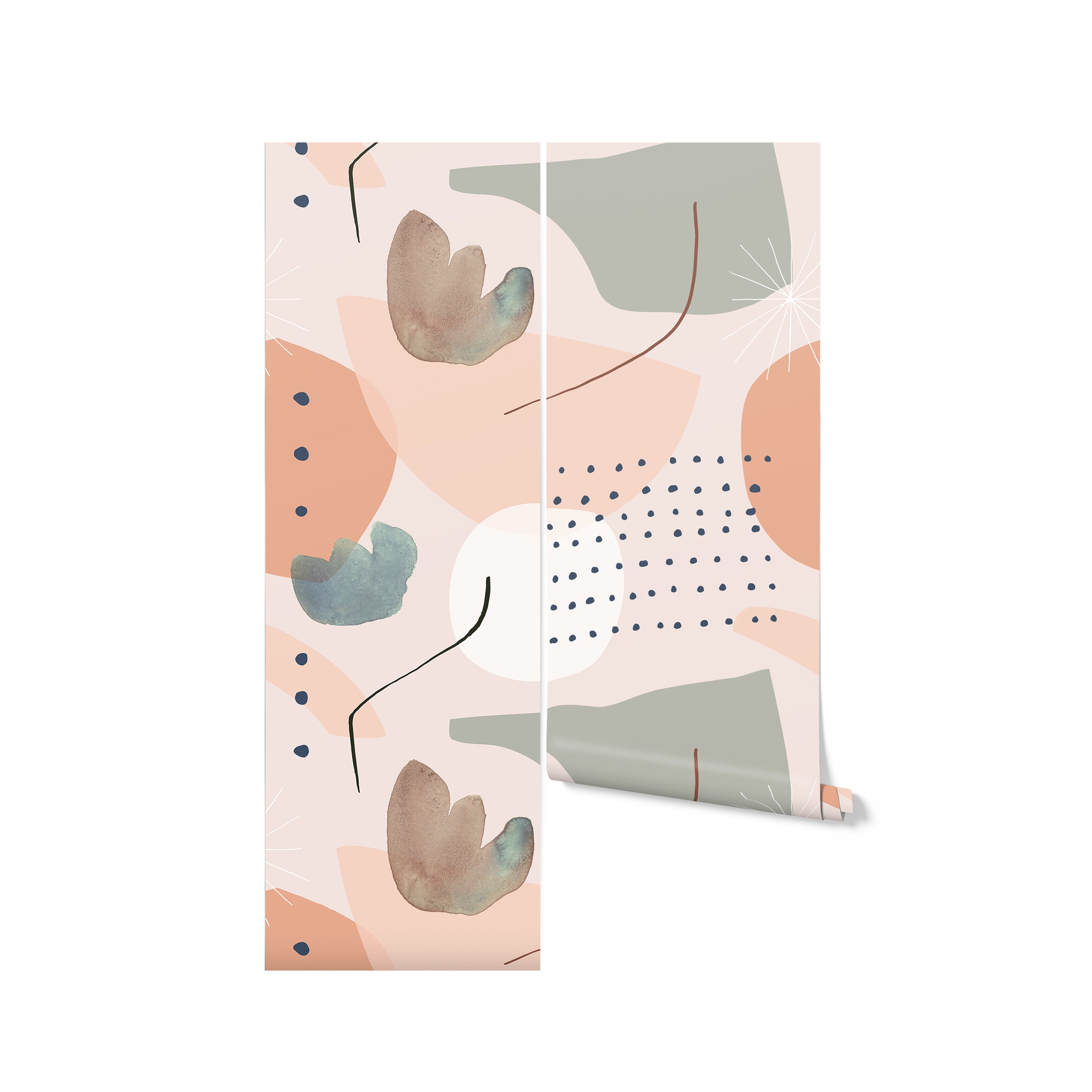 Rolled view of the Modern Watercolour Abstract Wallpaper featuring a dynamic arrangement of watercolor splotches in shades of peach and teal, accented with small black dots and thin black lines, perfect for a contemporary home