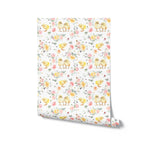 Product shot of a roll of 'Spring Animal Watercolour Wallpaper,' displaying a pattern of cute chicks surrounded by delicate pink flowers on a light background, ideal for nursery or spring-themed decor.