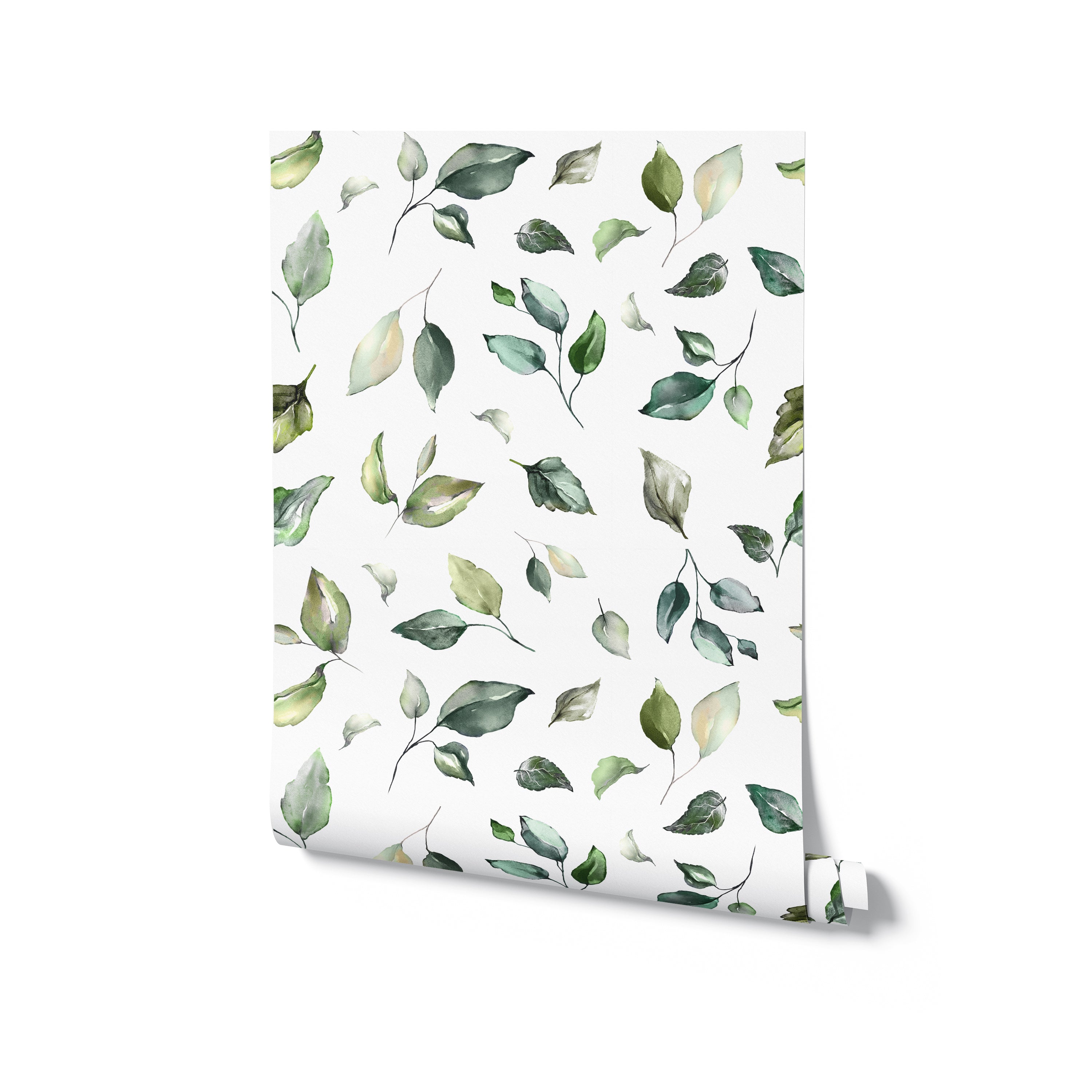 A roll of Sunny Watercolour Floral wallpaper displaying a scattering of watercolour leaves in soft green and beige tones, creating a fresh and soothing natural look on a white background.