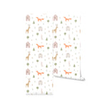 Rolled Stag and Fox Wallpaper displaying a pattern of forest animals and nature motifs in soft, earthy tones. This wallpaper design creates a storybook feel, ideal for nurseries or children’s play areas