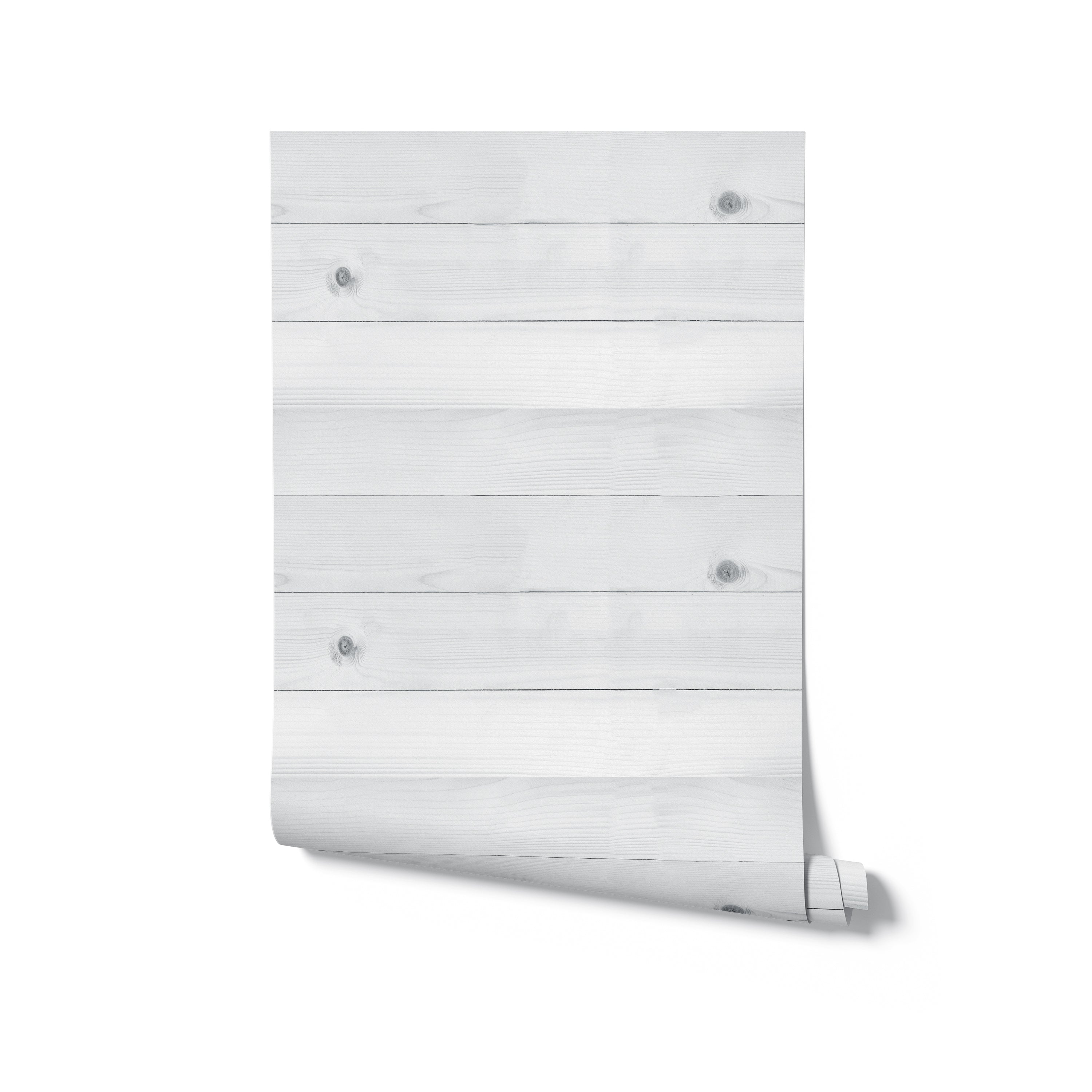A roll of Realistic Wooden Wallpaper partially unrolled to reveal the print of white painted wooden planks, emphasizing the wallpaper's texture and realistic wooden appearance