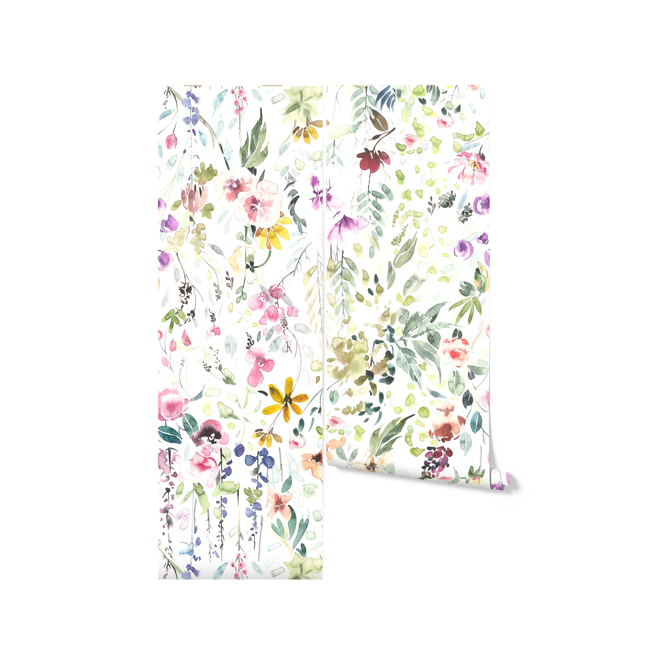 A roll of Hera's Floral Wallpaper, partially unrolled to reveal the exquisitely detailed floral design. This wallpaper features a lush mix of colorful flowers and foliage, perfect for adding vibrancy and a touch of nature to any room.