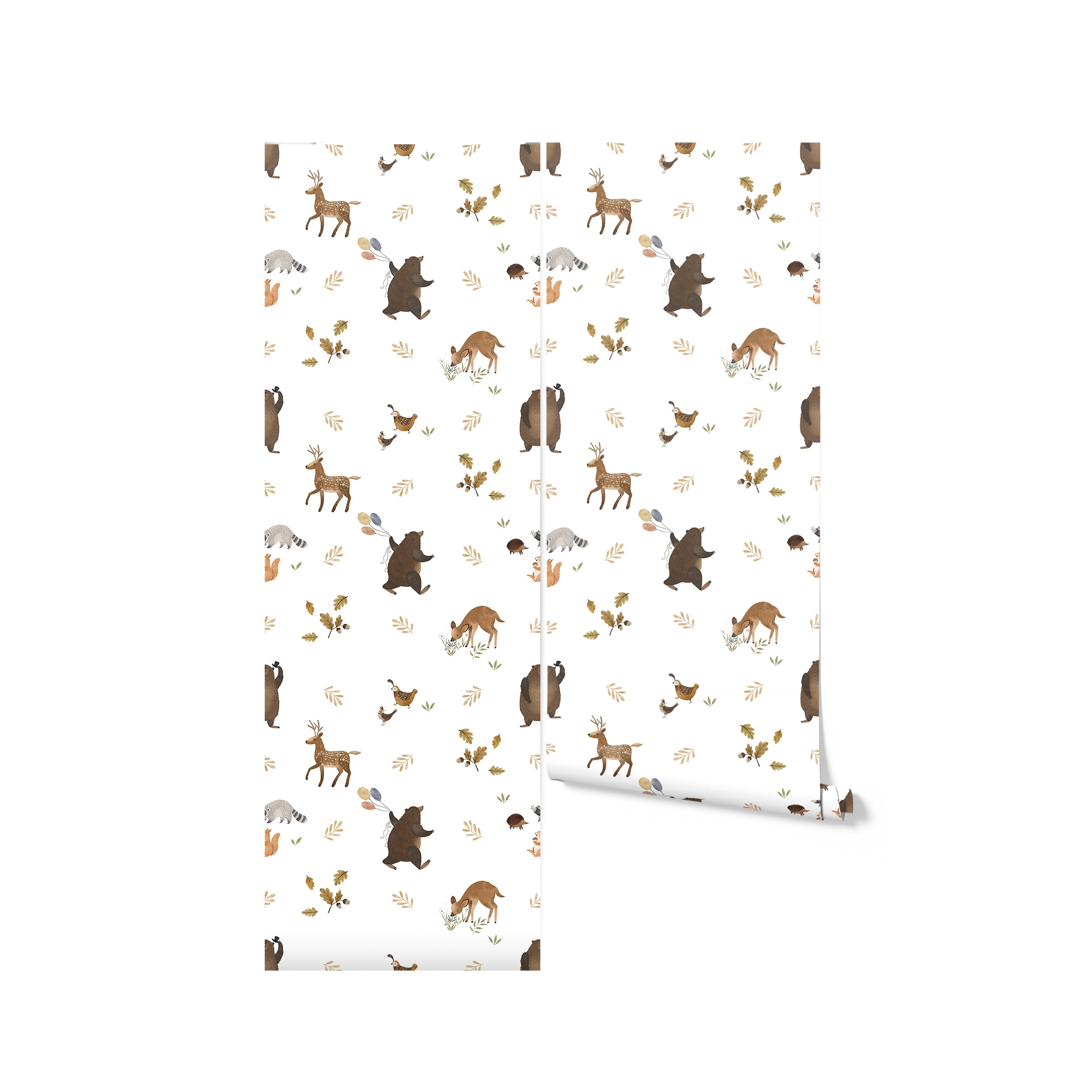 Rolled view of Forest Bear Wallpaper depicting a cheerful pattern of forest animals and nature elements on a white background. This design is ideal for adding a whimsical and lively touch to nursery or playroom interiors