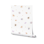 Roll of Pressed Flowers II Wallpaper showcasing the charming floral and star motifs in soft pastel colors on a white background.