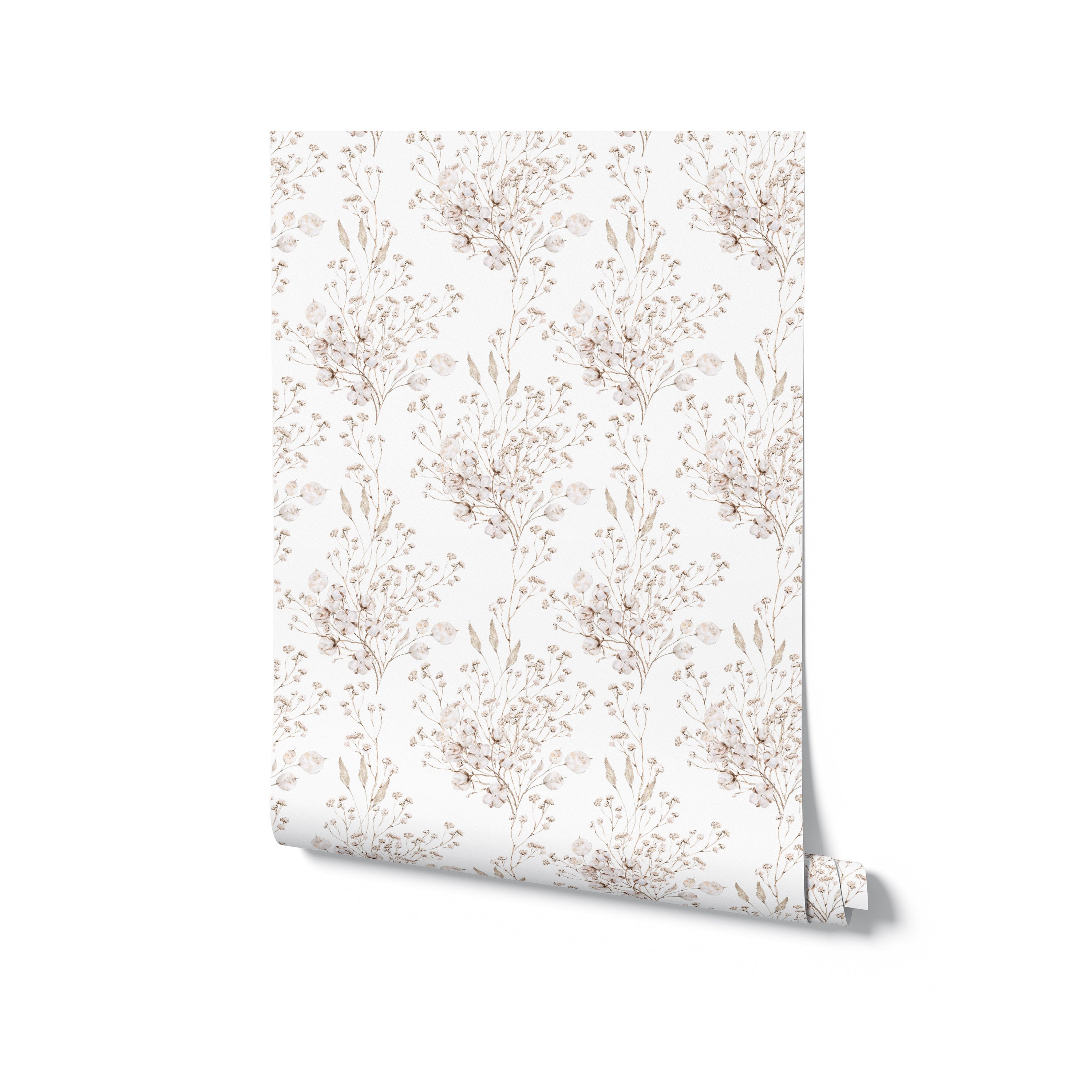 A rolled-up sample of the Boho Winter Floral Wallpaper - 12.5", showcasing the graceful and detailed botanical print. The light taupe floral patterns are set against a pristine white background, perfect for enhancing the decor with a subtle, elegant touch.