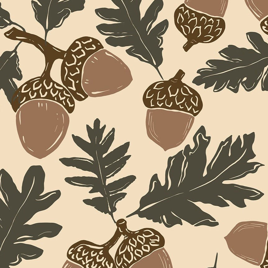 Roll of seamless botanical wallpaper with a design of acorns and oak leaves scattered in a regular pattern over a neutral background. The wallpaper roll is shown with a slight curl at the bottom, indicating its flexibility and readiness for application