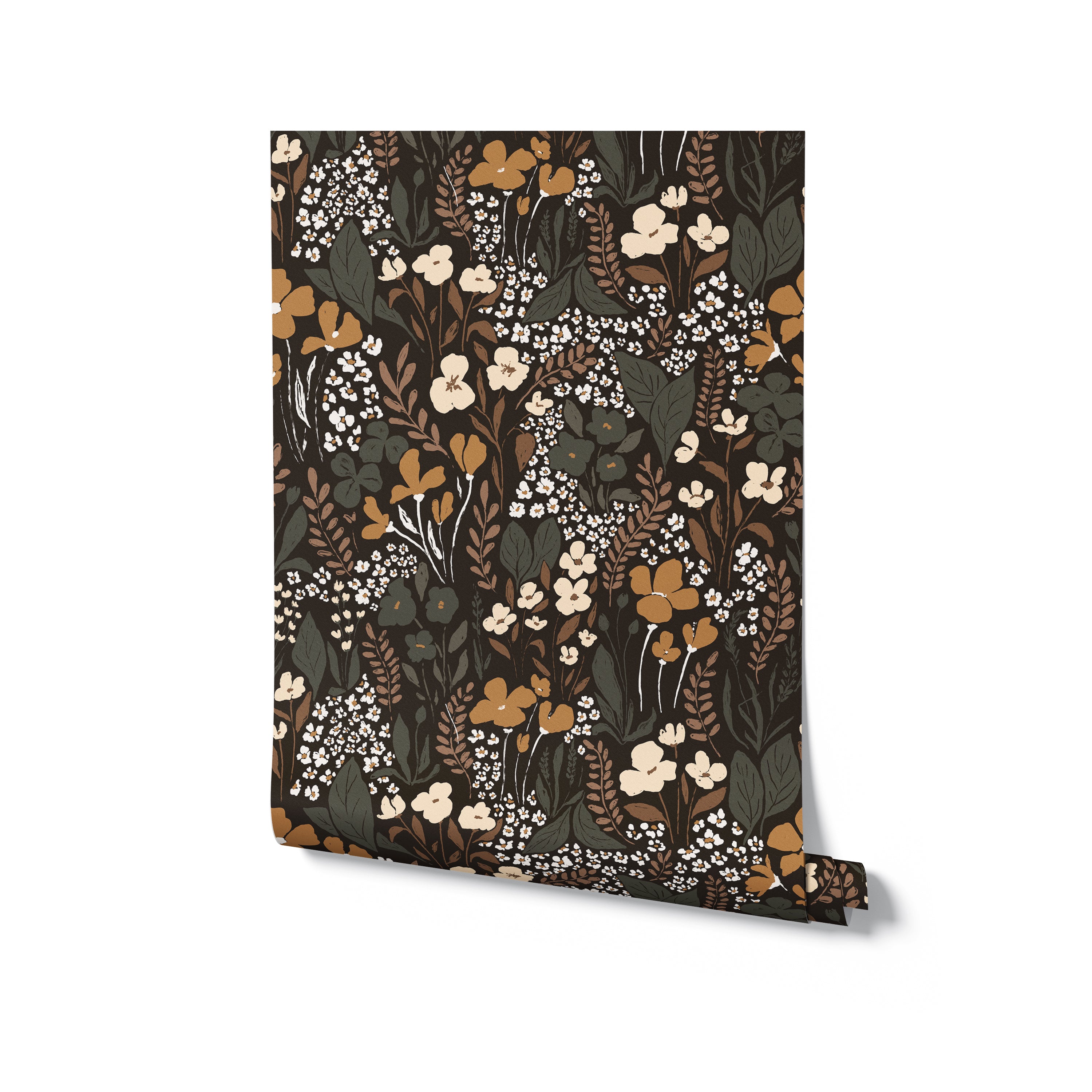Roll of botanical wallpaper with a dark background showcasing a vibrant floral pattern with white, mustard, and green details, slightly unfurled at the corner to reveal its intricate design.