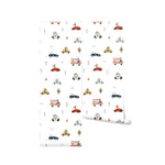 A roll of Cute Cars Wallpaper 02 depicting a whimsical pattern of various cartoon vehicles like police cars, taxis, and ambulances driven by cute animals, interspersed with road elements and greenery, perfect for a child's bedroom or play area.